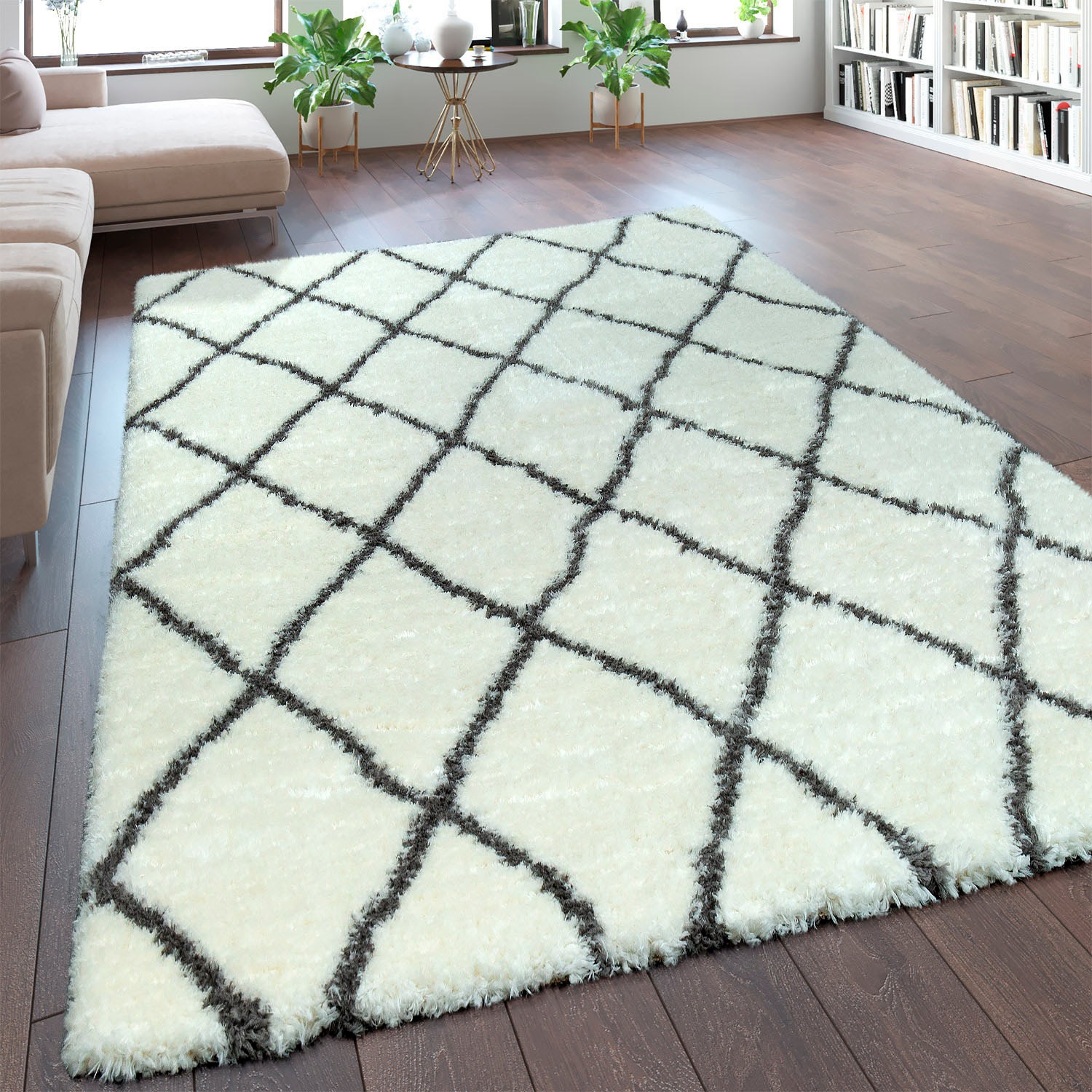 Hochflor-Teppich PACO HOME "Maghreb 075", beige (creme), B:60cm H:54mm L:90cm, Polyester, Teppiche, Rauten Muster, Scandi Design, weich und flauschig 3