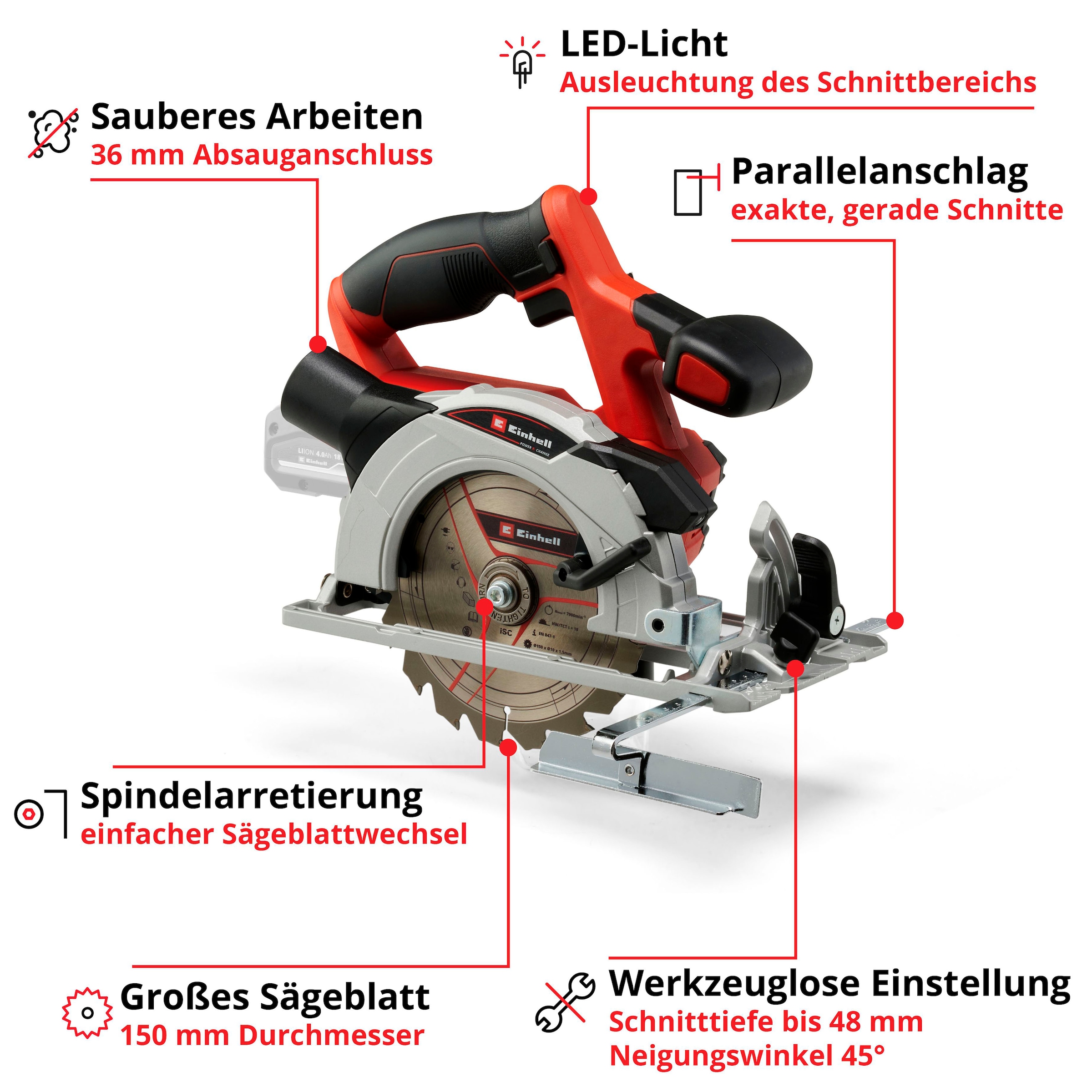 Einhell Akku-Handkreissäge »TE-CS 18/150 Li - Solo«, (2 St.), ohne Akku und Ladegerät