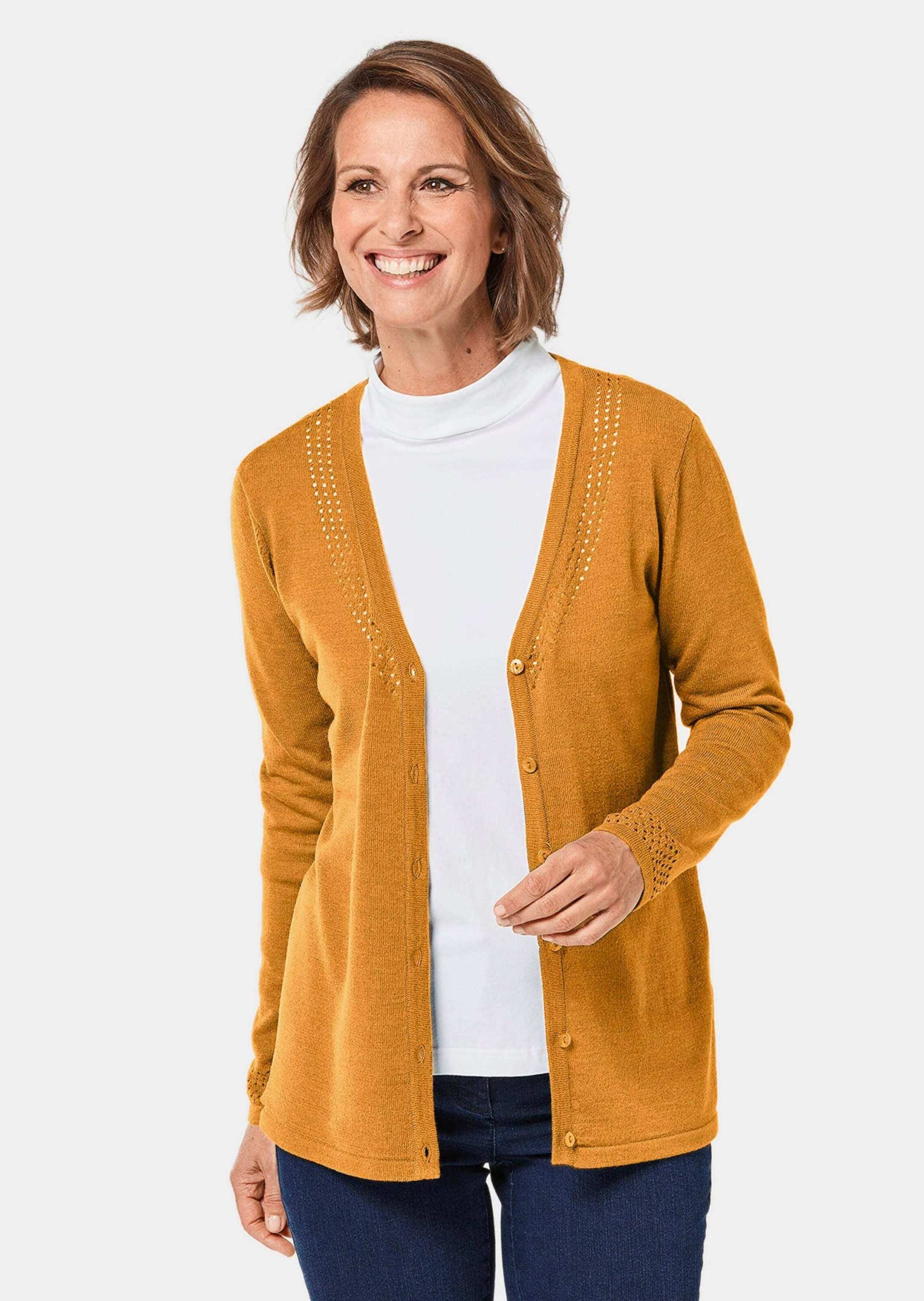 GOLDNER Strickjacke "Ajourstrickjacke" Schönes Ajourmuster am V-Ausschnitt günstig online kaufen