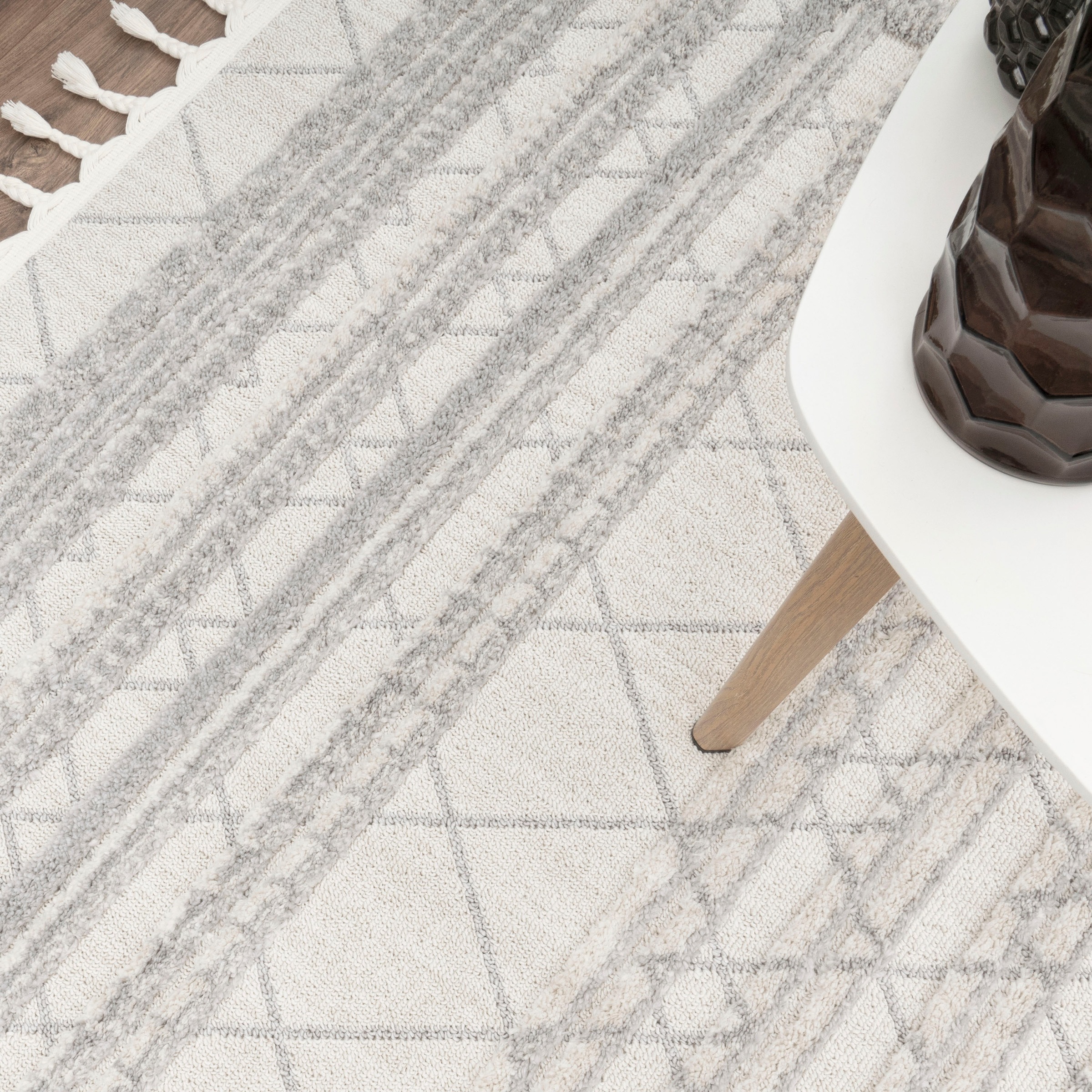 Paco Home Teppich »Auckland 292«, rund, 21 mm Höhe, Kurzflor, gestreift, Rauten Design, Hoch-Tief-Effekt, mit Fransen