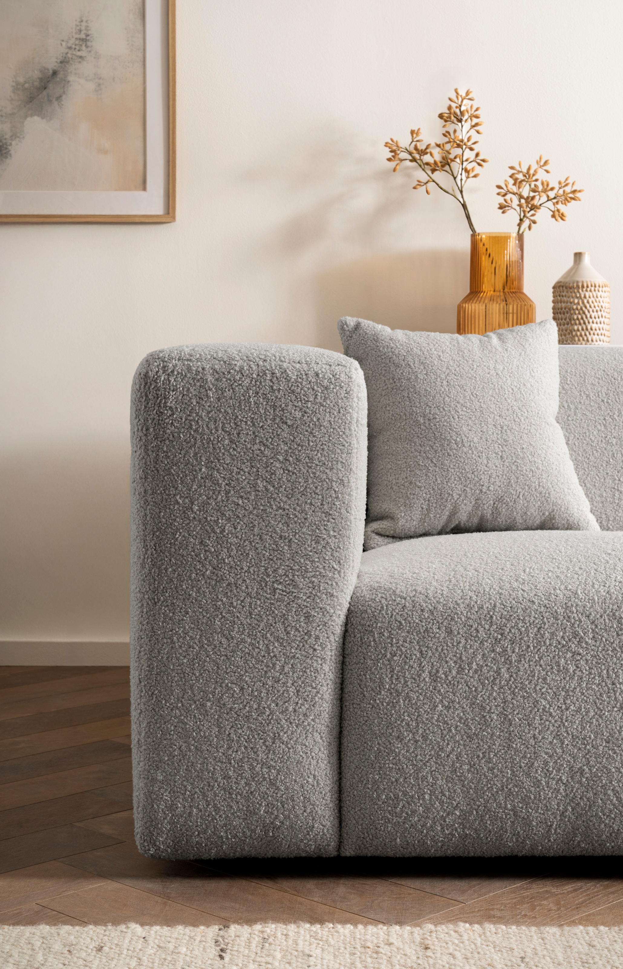 andas Ecksofa »BAKELS, L-Form in Cord oder Boucle-Stoff, moderne Couch«, wahlweise Recamiere rechts/links, bequemer Sitzkomfort