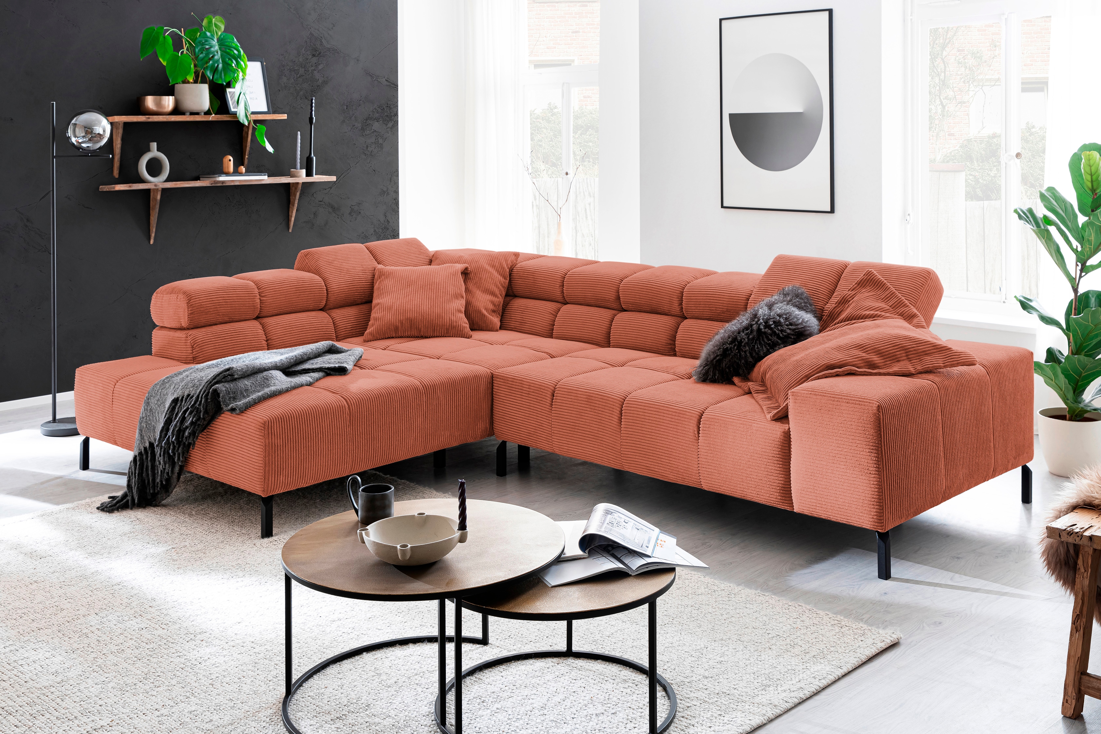 Home affaire Ecksofa "Ancona New, wahlweise motorische Sitztiefenverstellung, auch in Cord" feine Steppung, mit Kopfteilverstellung, 3 Zierkissen, L-Form
