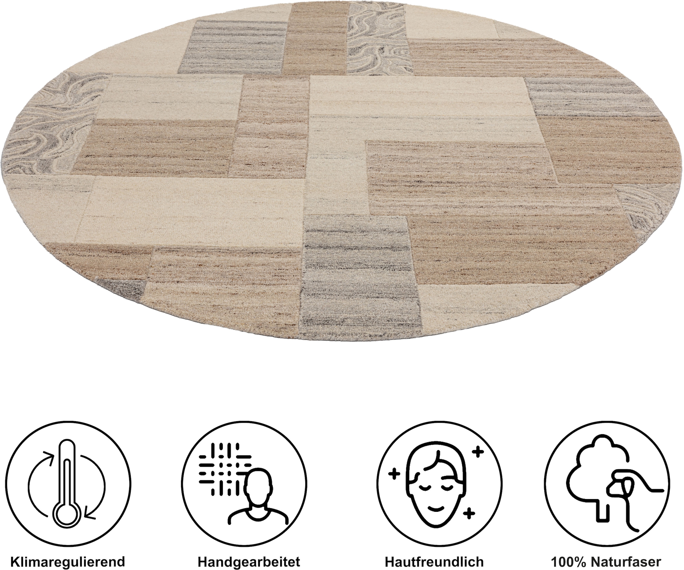THEKO Wollteppich »Lola, Wolle, handgearbeitet, Patchwork Design«, rund, 12 mm Höhe, handgetuftet, Wohnzimmer, Schlafzimmer, Esszimmer