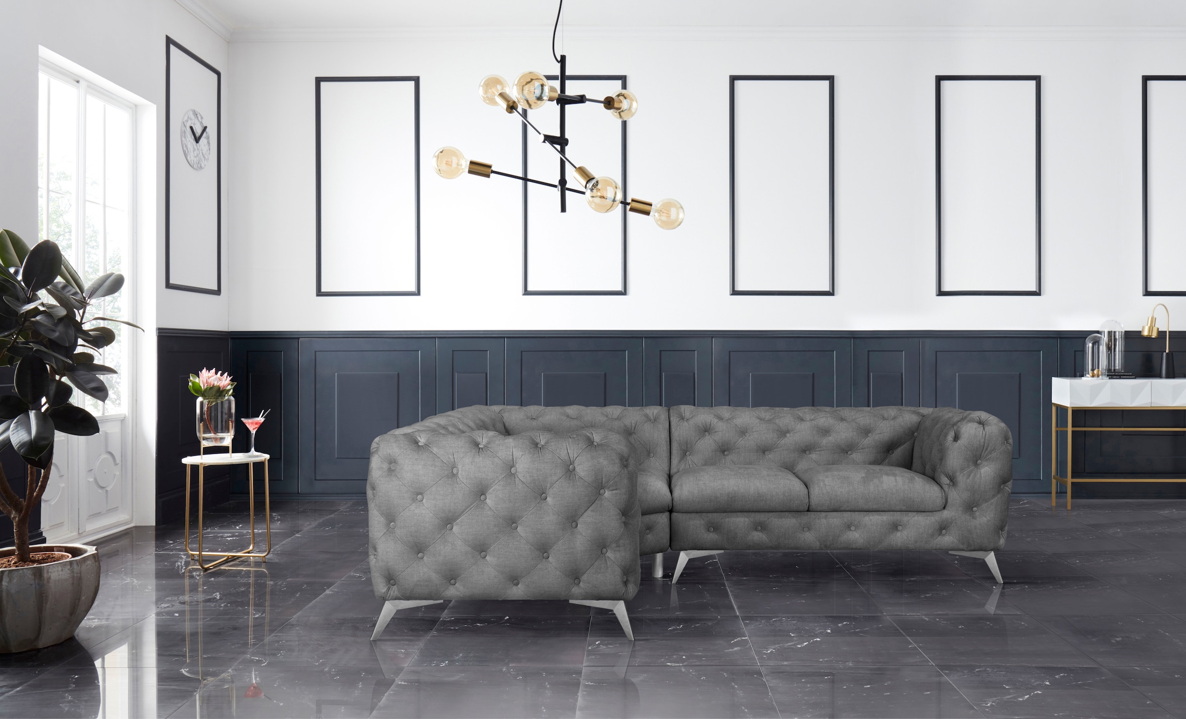 Leonique Chesterfield-Sofa »Ecksofa GLYNIS L-Form mit Wellenunterfederung, Maße B/T/H 264/204/75cm«, aufwändige Knopfheftung, moderne Chesterfield Optik, Fußfarbe wählbar