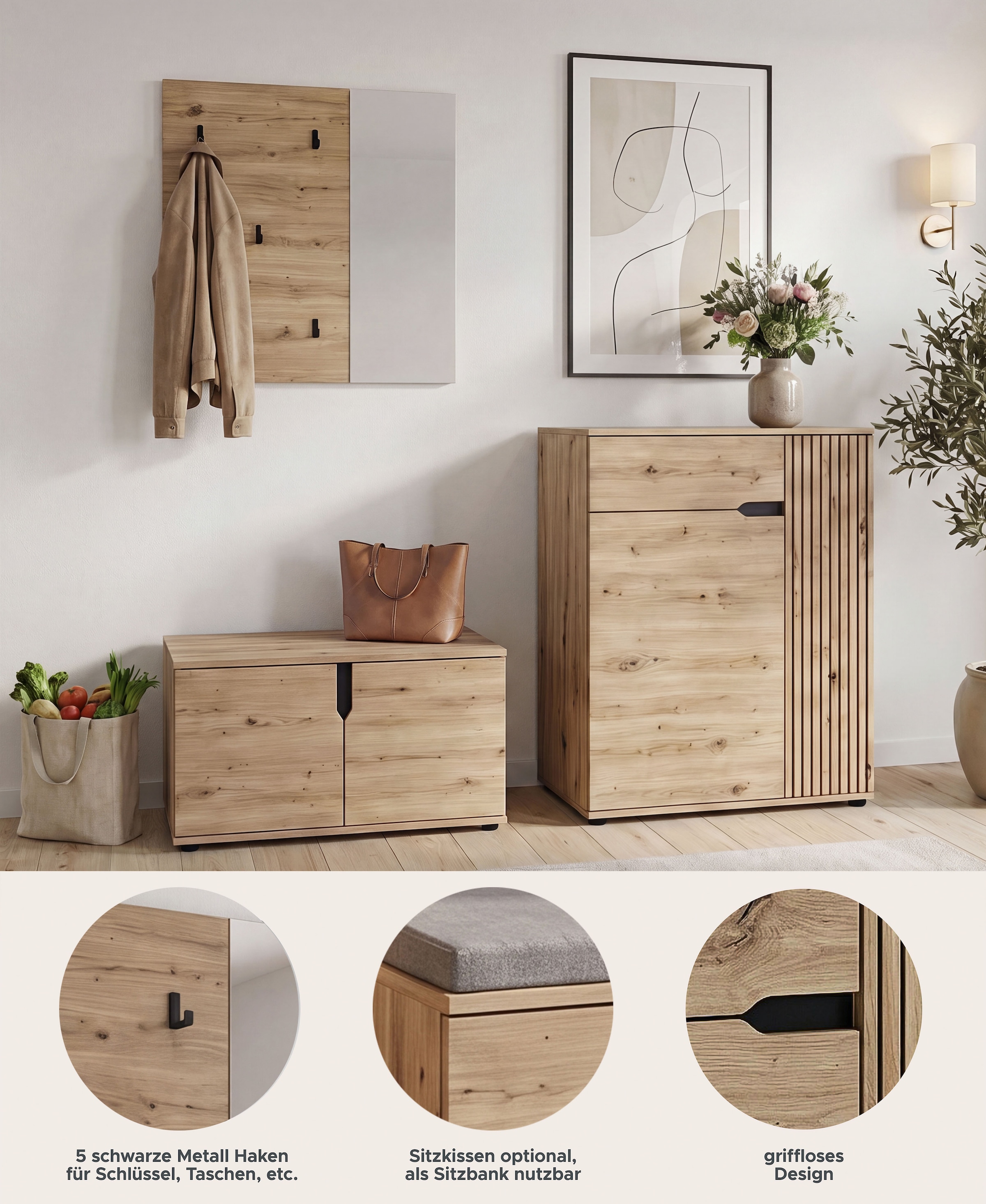 OTTO home Garderoben-Set »FJELL, 3-teilig, Breite 175cm, Front mit hochwertiger Längsfräsung«