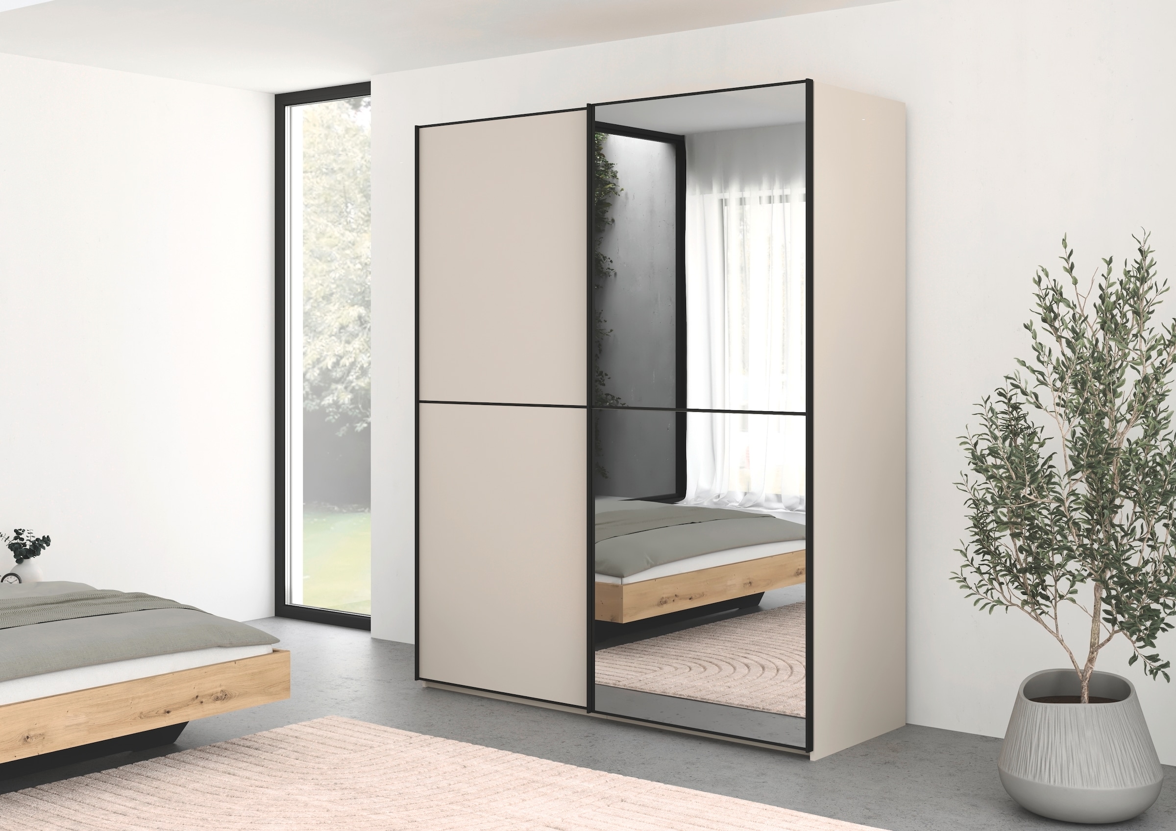 rauch Schwebetürenschrank »Kleiderschrank Schrank Garderobe Schlafzimmerschrank SCALE-DUO« edle zweigeteilte Türen, Spiegel und 3 Zierleisten MADE IN GERMANY