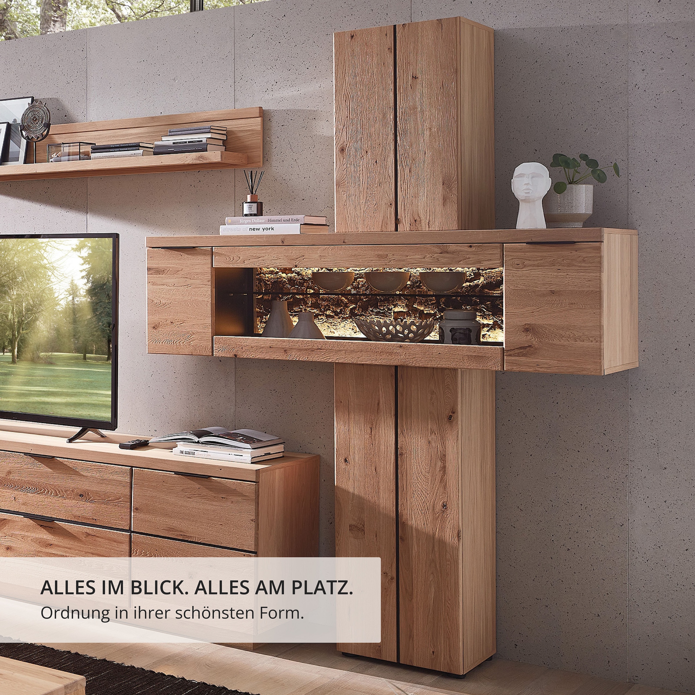 Wohnconcept Stauraumvitrine »Donna Stauraum-Säule, 140x203x42 (BxHxT)« 1 Stk. tlg. Beleuchtung bestellbar, 2 türig, Echtkork Absetzung, L/R verwendbar