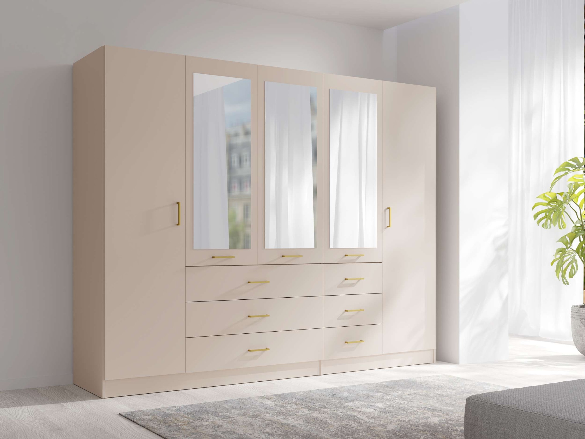 OTTO home Kleiderschrank "KOS Garderobe mit 6 Schubladen, Kleiderstange, 5 Einlegeböden, Spiegel" Kleiderschrank mit 5 Türen, goldenen Griffen, Maße B/H/T 250/200/58 cm