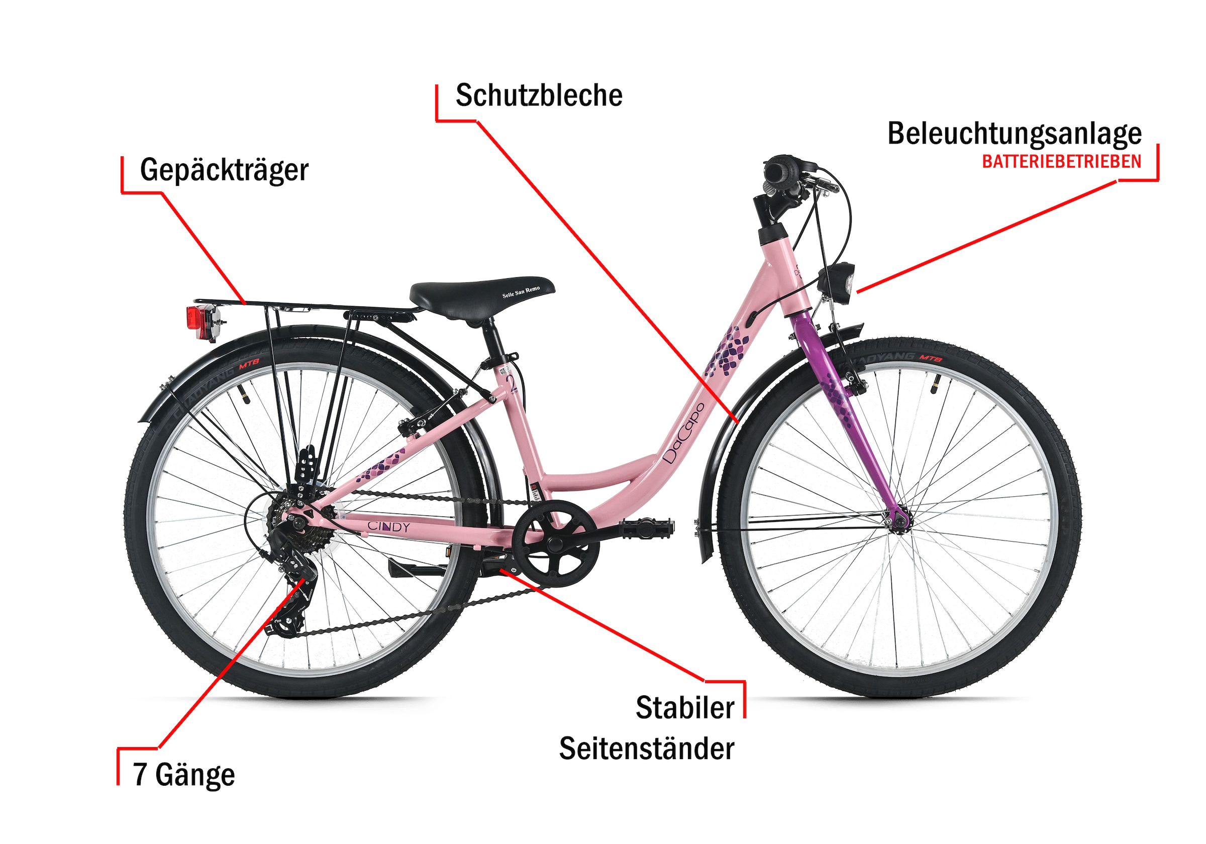Dacapo Kinderfahrrad »24" Cindy Weiß 7 Gänge RH 32 cm - Ab 8 Jahre« 7 Gang Kettenschaltung