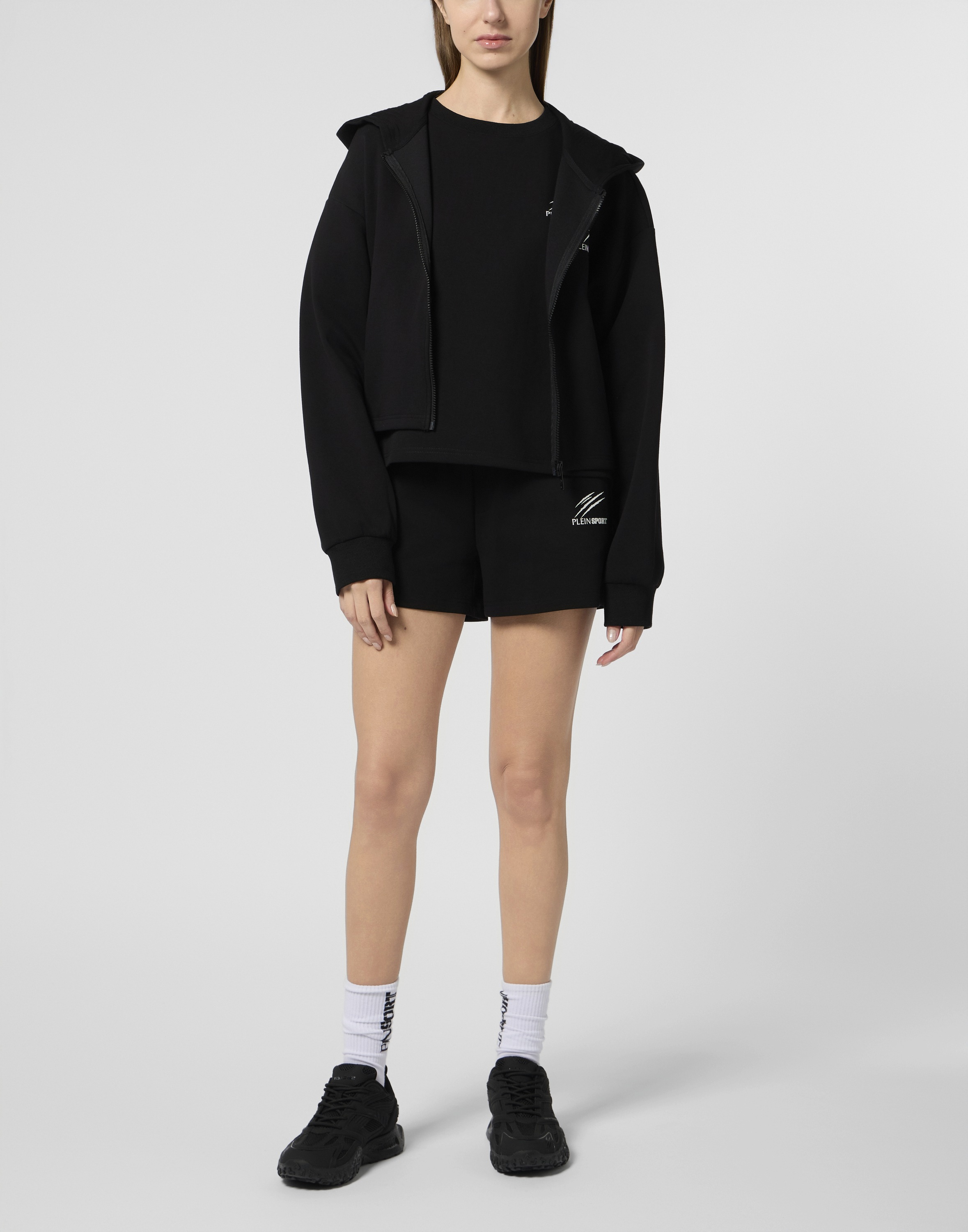 Kapuzensweatjacke PLEIN SPORT "Zip Hoodie Icon Scratch", Damen, Gr. S, 02, schwarz, Obermaterial: 59% Baumwolle, 35% Polyester, 6% Elasthan, Sweatjacken 3