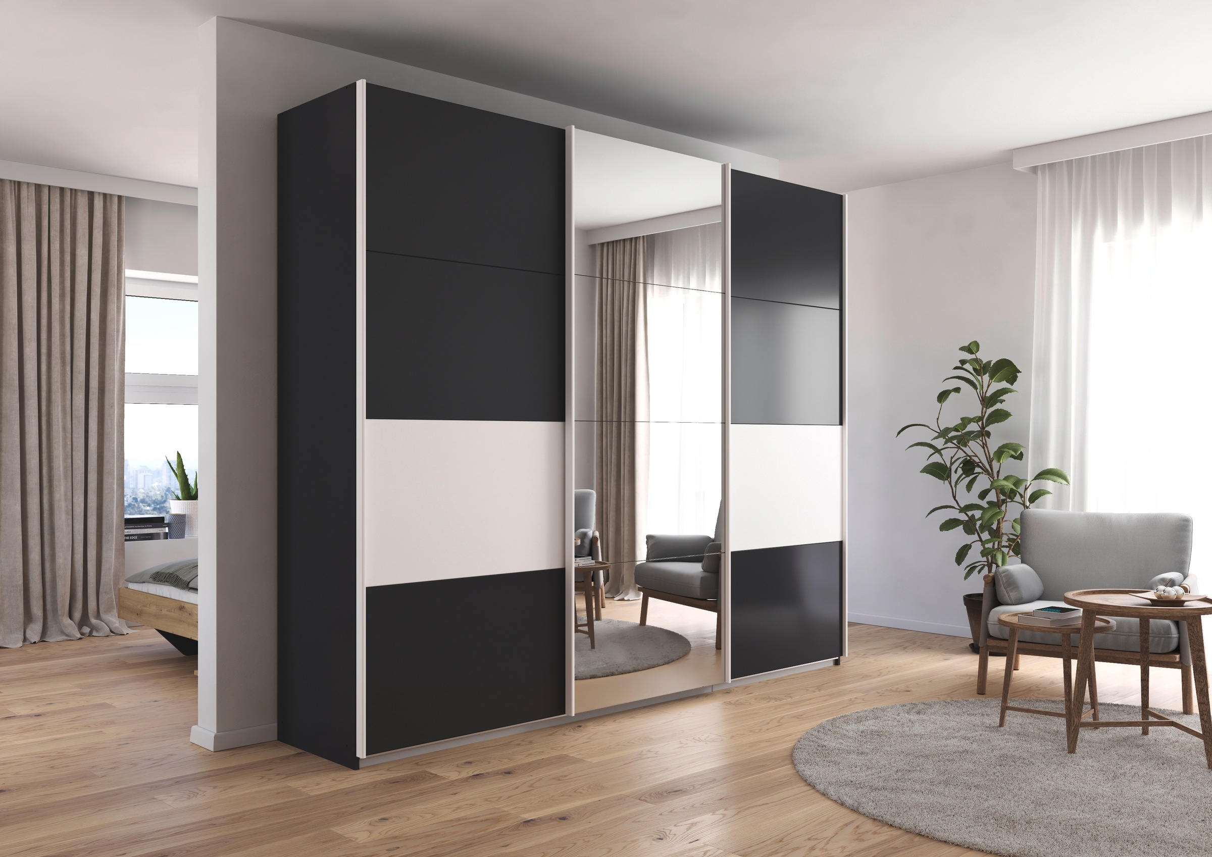 rauch Schwebetürenschrank »Schwebetürenschrank Kleiderschrank Schrank Garderobe CORTONA«, inkl. Inneneinteilung, 2 Stoffboxen und zusätzlichen Einlegeböden