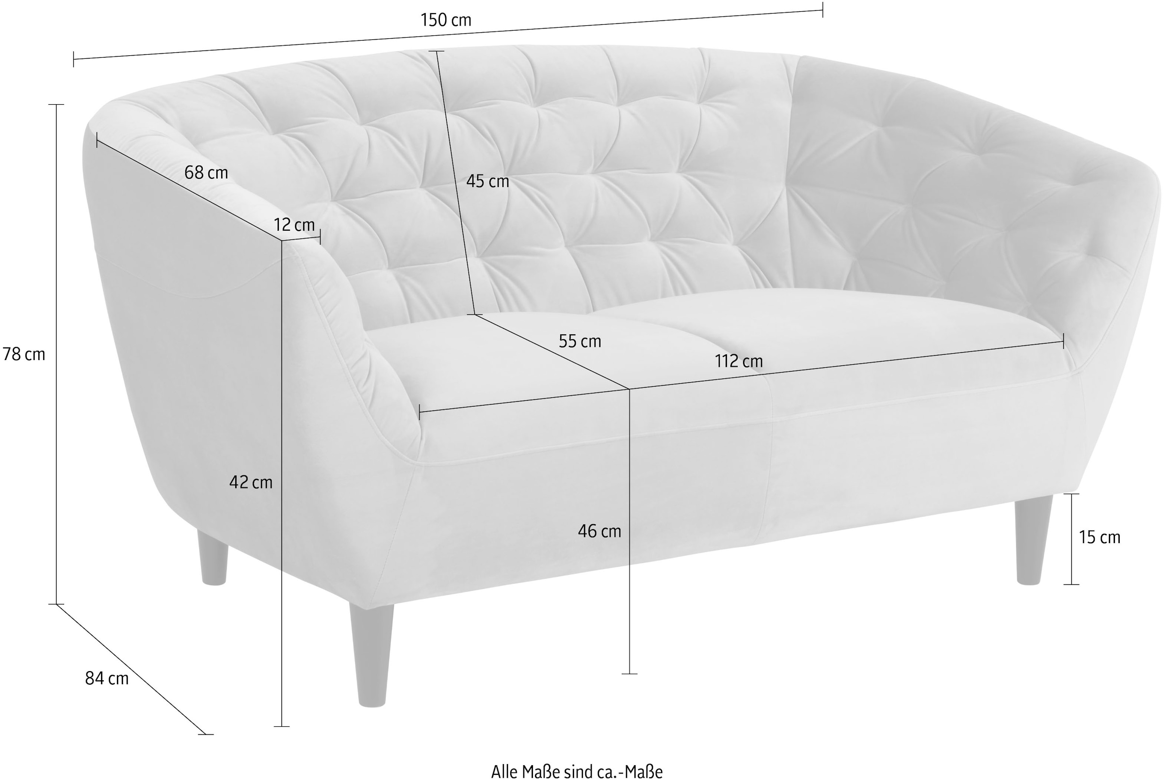ACTONA GROUP 2-Sitzer »Ria Sofa, Couch, Doppelsofa, Loveseat,«, Samtstoff, Massivholz-Beine, Taschenfederkern, Tufting, mit Armlehnen
