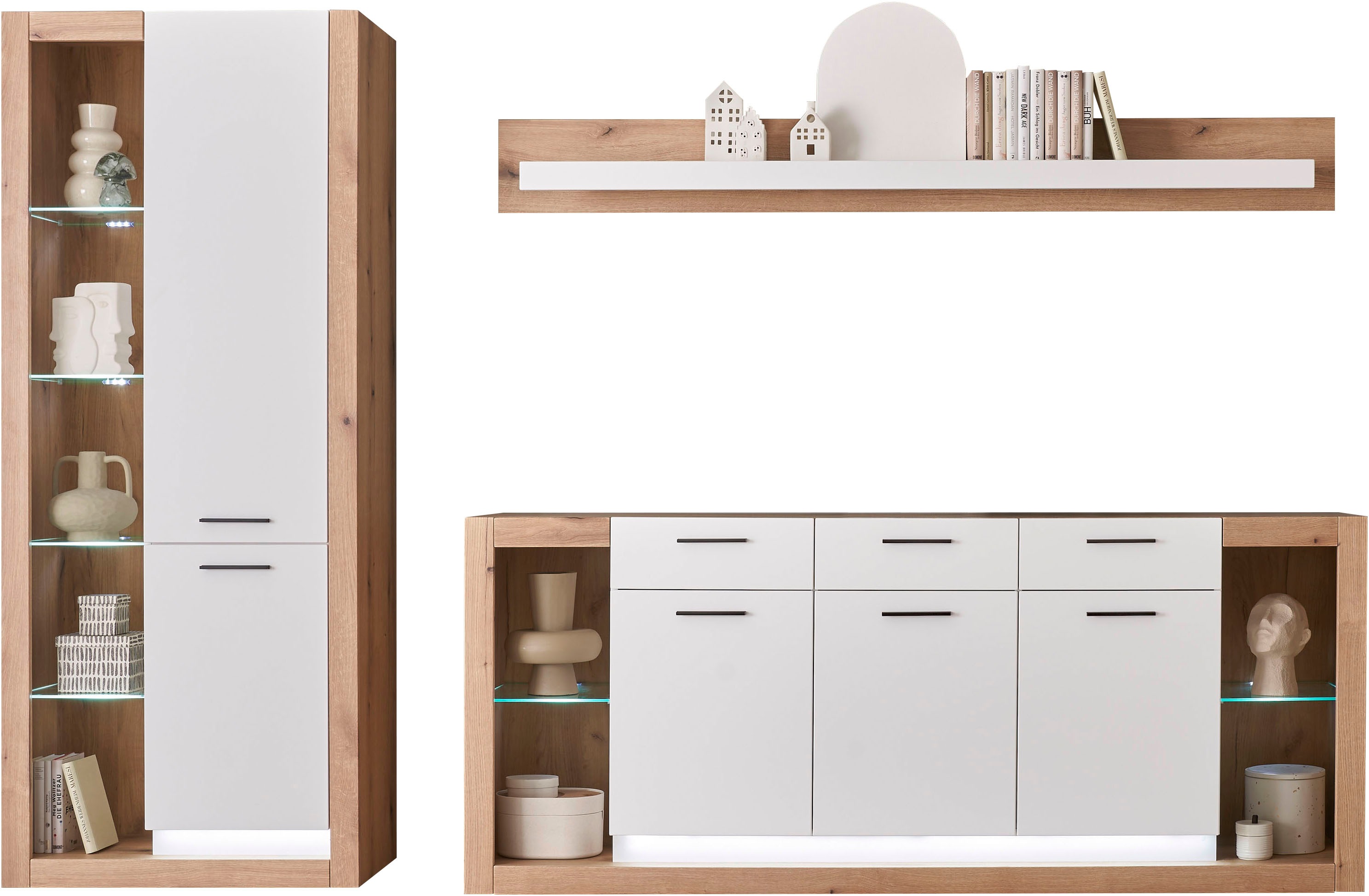 Thumbnail - Home affaire Wohnwand "Brixen, moderne Anbauwand, Wohnzimmer-Set, Eiche Evoke Dekor mit Weiß" Set, 3 Stk. tlg.