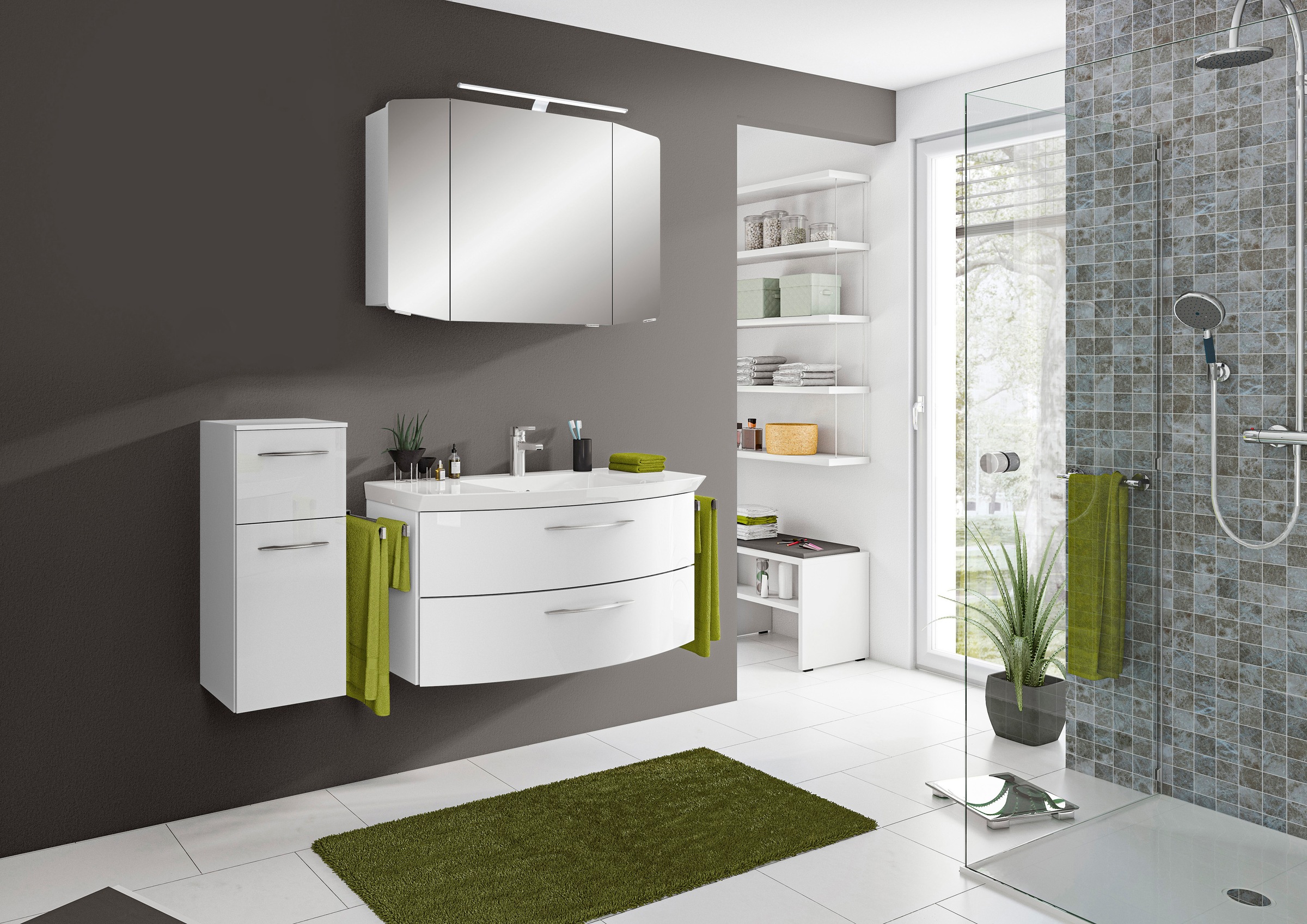 Saphir Badmöbel-Set »Cassca Sprint 3-teilig Mineralmarmor-Waschtisch mit LED-Spiegelschrank«, (4 St.), mit Unterschrank, 4 Türen, 3 Schubladen, inkl. Türdämpfer