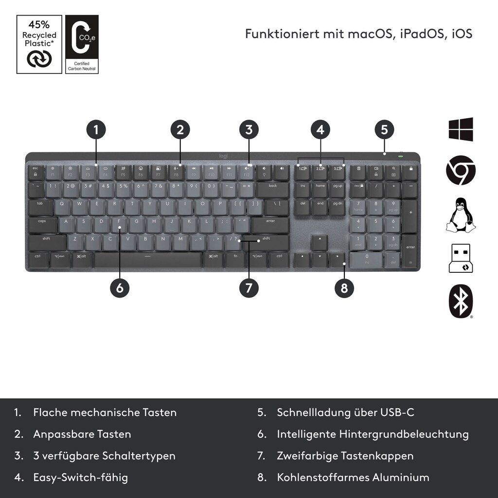 Logitech Tastatur »MX Mechanical TACTILE«, (Ziffernblock-Fn-Tasten-USB-Anschluss)