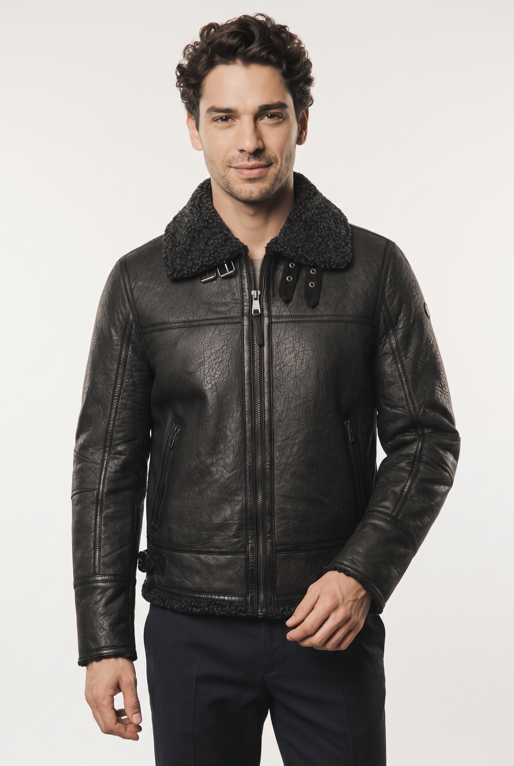 Mauritius Lederjacke "MMPolarforce" im Sherpa-Look mit Besatz am Kragen