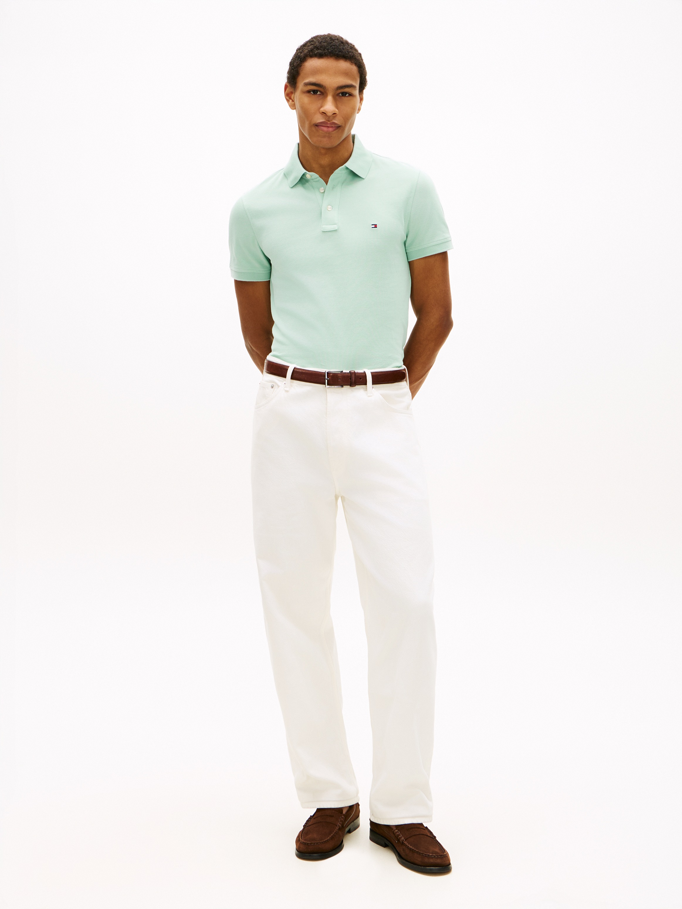 Poloshirt TOMMY HILFIGER "1985 SLIM POLO", Herren, Gr. S, crushed mint, Piqué, Obermaterial: 96% Baumwolle, 4% Elasthan, Shirts, Markenstickerei, aus Baumwoll-Piqué 3