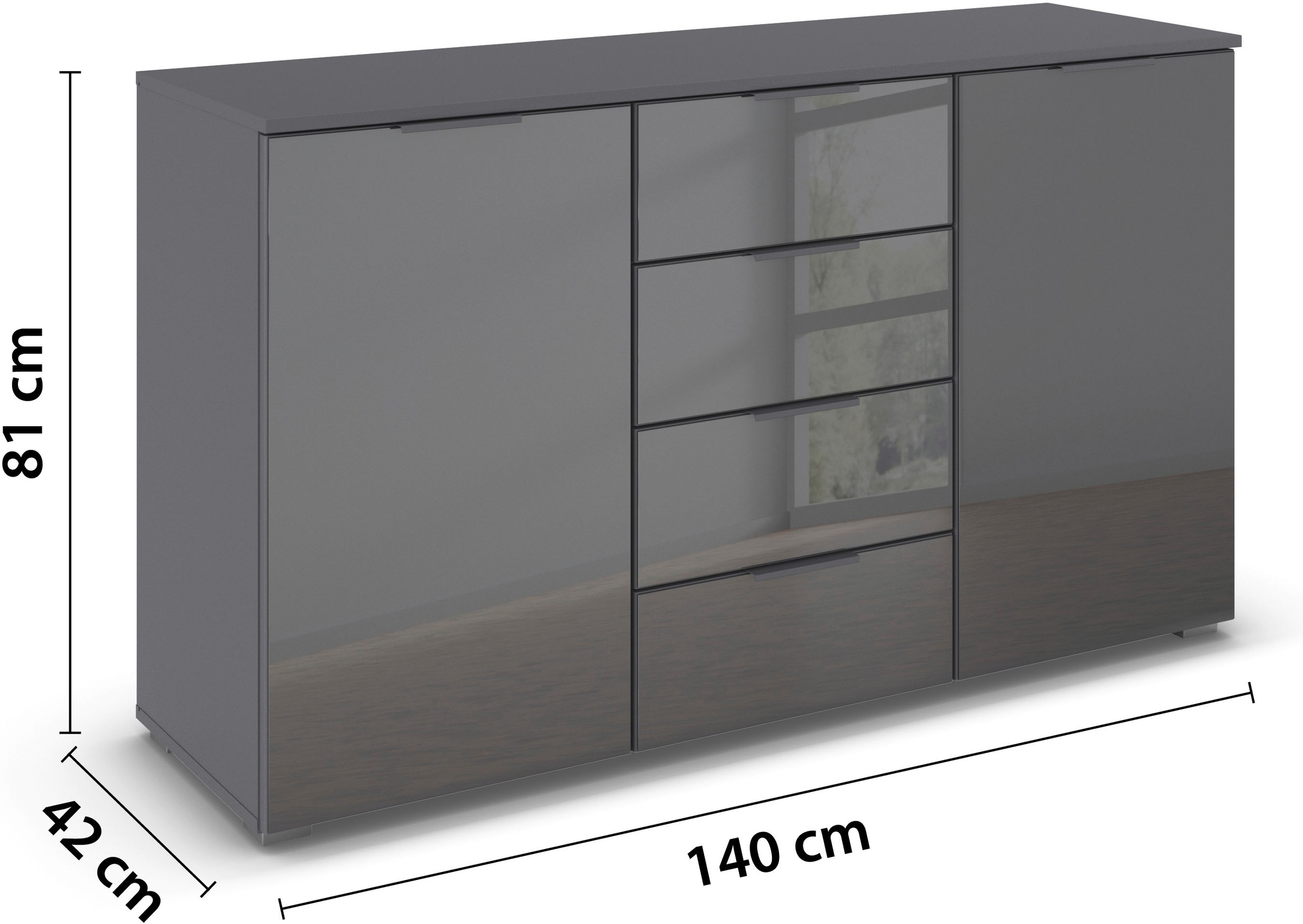 rauch Kombikommode »Sideboard Kombikommode Schubladenkommode AGORDO mit Glasfront«, (in zwei Griff-Farben), mit 4 Schubkästen und 2 Türen sowie Metallgriffen MADE IN GERMANY