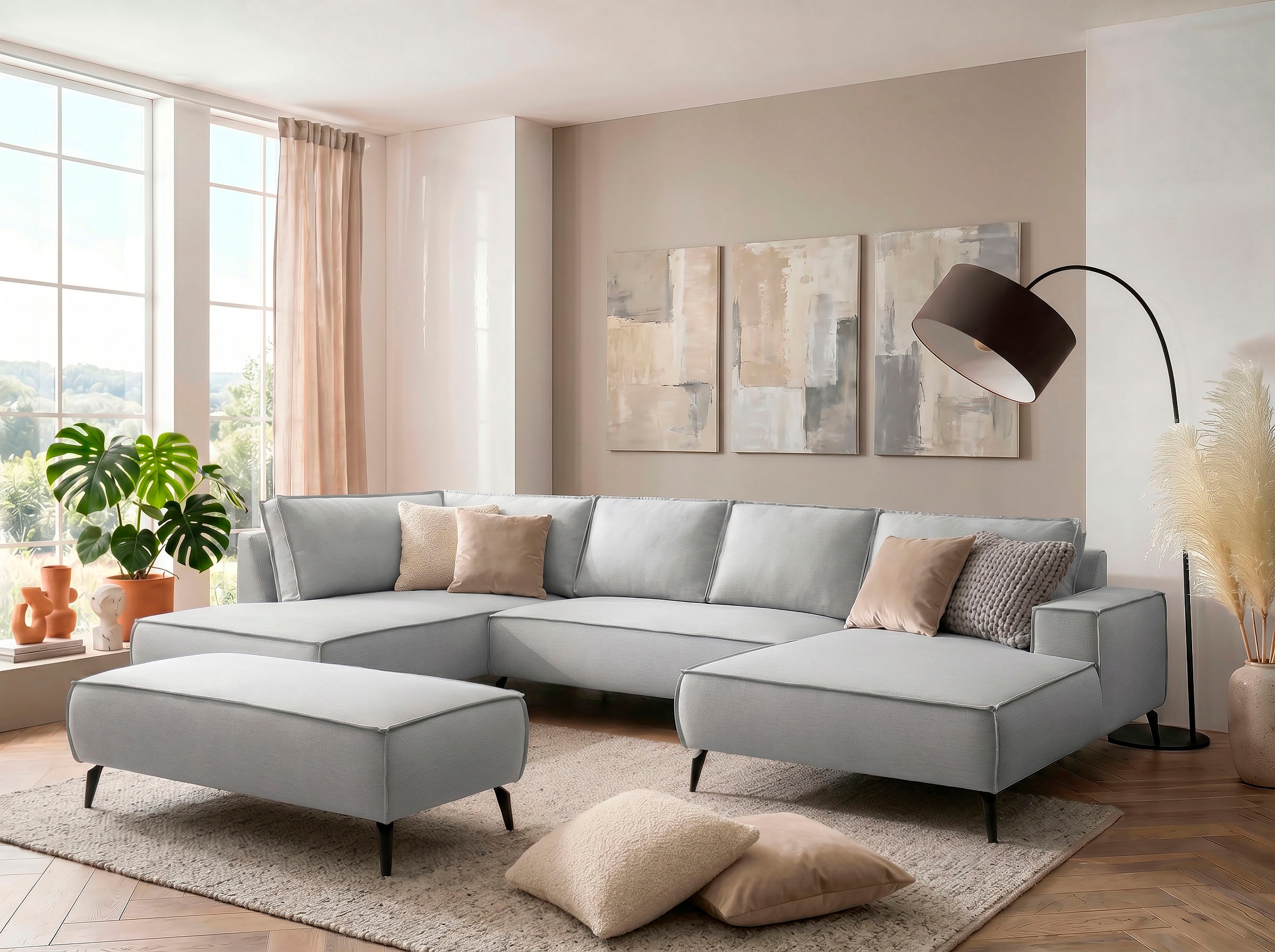 OTTO home Wohnlandschaft »TVINNU Leinenoptik, 354, mit Hocker« Recamiere rechts/links, stellbar zum Schlafsofa (Krokodilverbinder)
