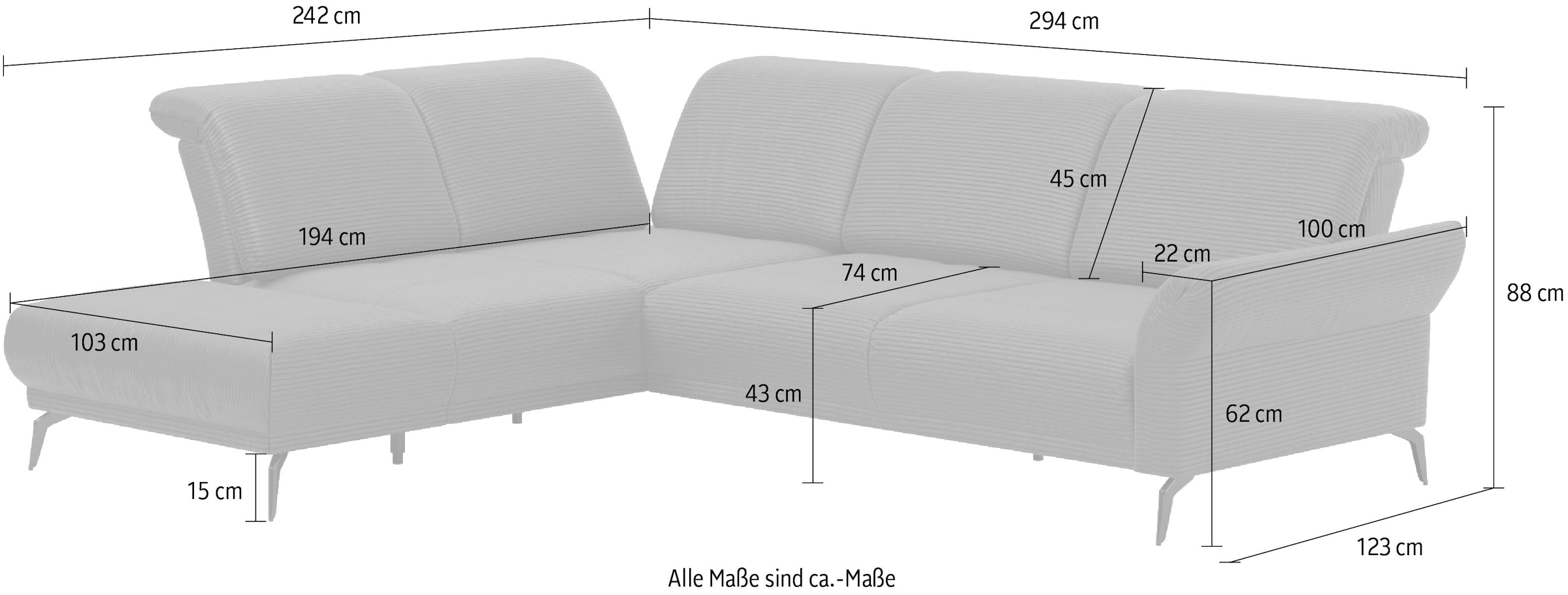 INOSIGN Ecksofa »Coco L-Form«, Sitztiefen-, Arm- und Kopfteilverstellung, Cord-Bezug, Fußhöhe 15 cm