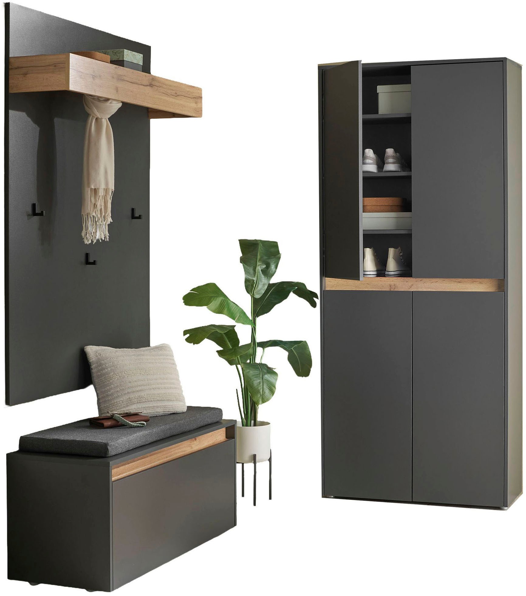 INOSIGN Garderoben-Set »City/Giron, moderne Garderobe, viel Stauraum, ca. 40 Schuhe«, (Set, 3 St.), enthält Schuhschrank, Garderobenpaneel & Garderobenbank mit Sitzkissen
