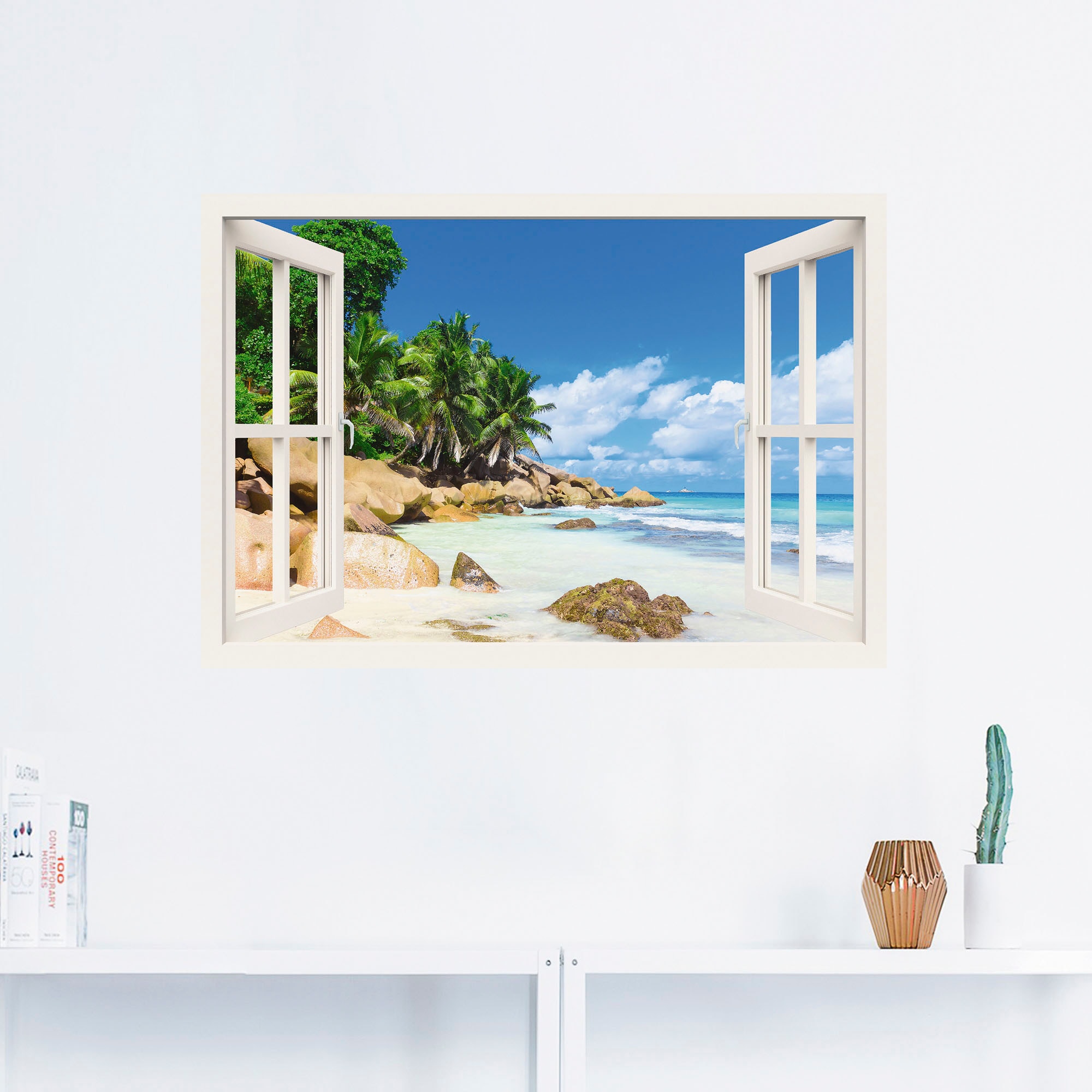 Alubild, »Küste BAUR Karibikbilder, versch. St.), Poster oder (1 als Leinwandbild, | in mit bestellen Größen Wandaufkleber Fenster«, Wandbild durchs Palmen Artland
