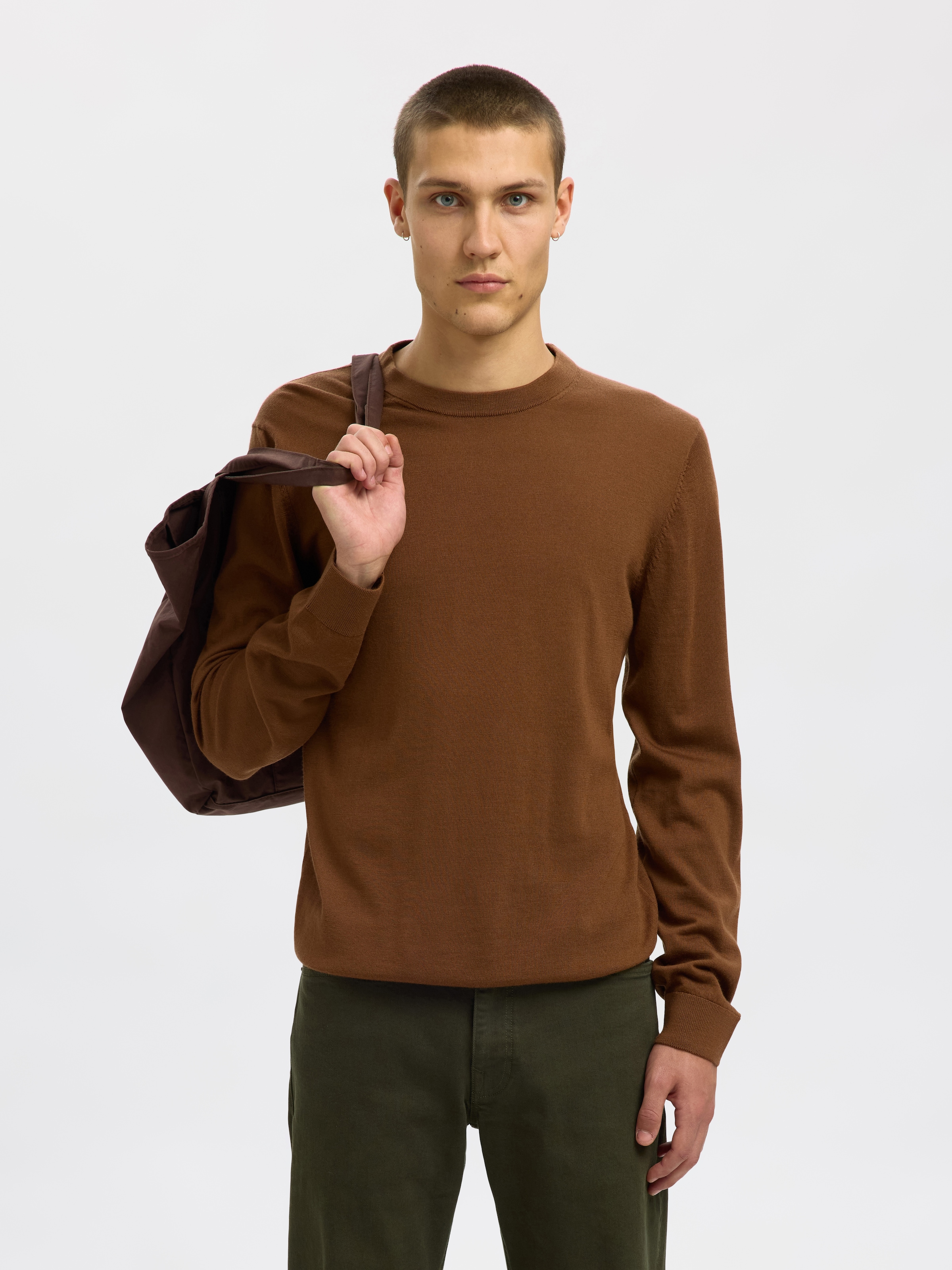 Selected Rundhalspullover "Slhtray Ls Knit Merino Crew Neck Noos" Wolle, Regular Fit