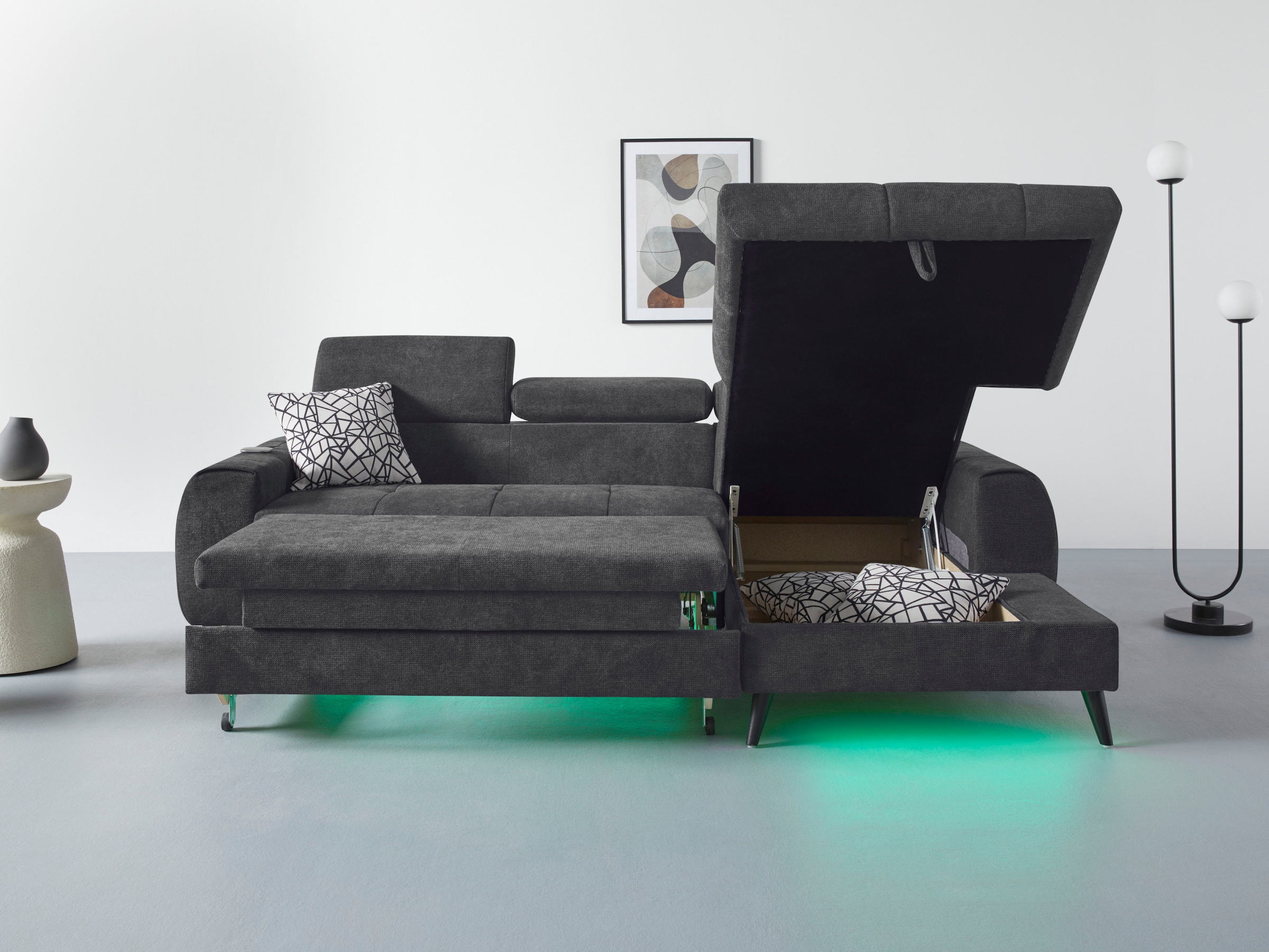 COTTA Ecksofa »Mia L-Form mit 3 Zierkissen«, wahlweise mit Bettfunktion, Bettkasten, Beleuchtung & Wireless-Charger