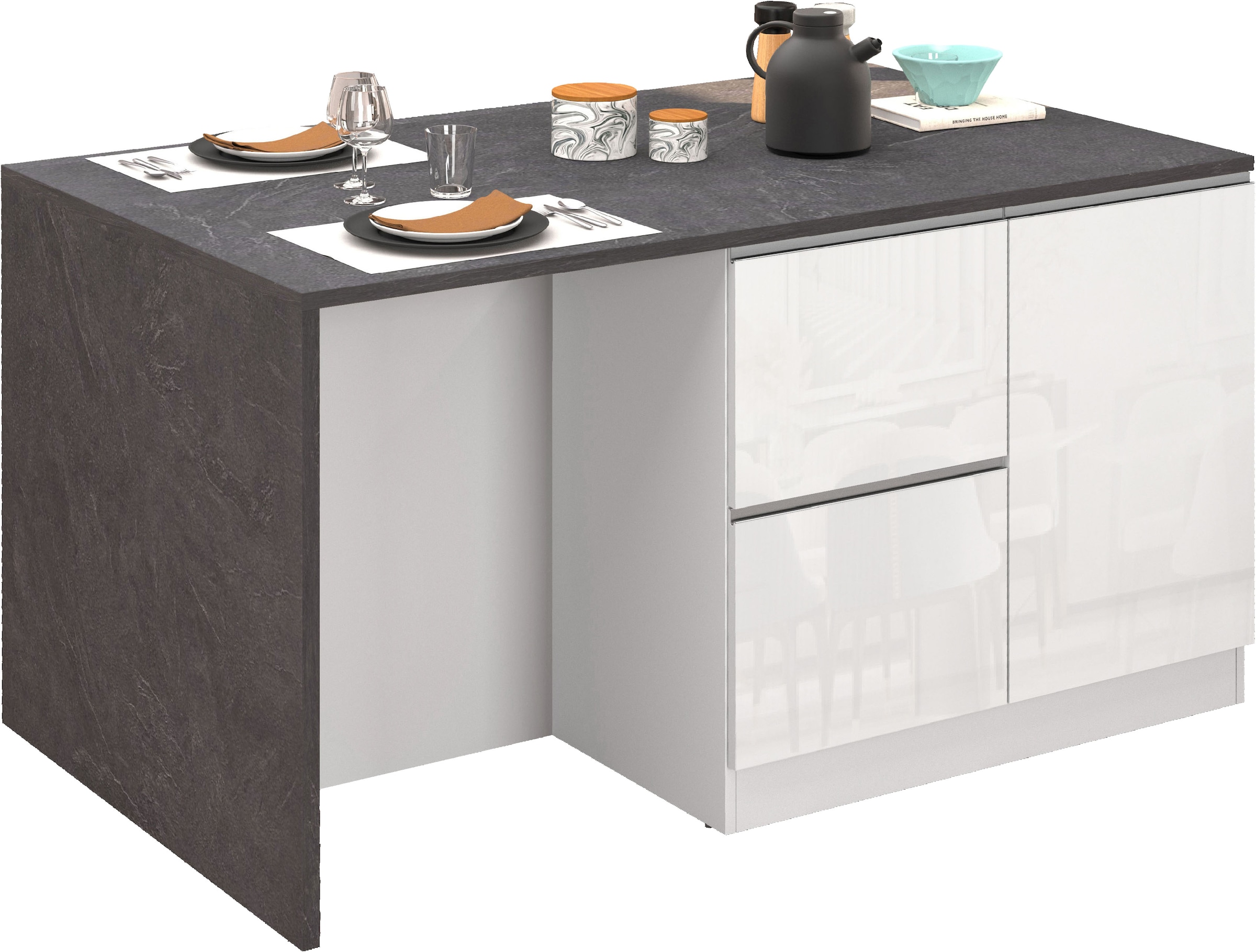 KOCHSTATION Kücheninsel »KS-Sole, Kochinsel, Küchenarbeitsblock, Inselküche, Arbeitsinsel« Breite 152,5 cm, mit Essplatz, Handtuchhalter, Fächer und Weinregal