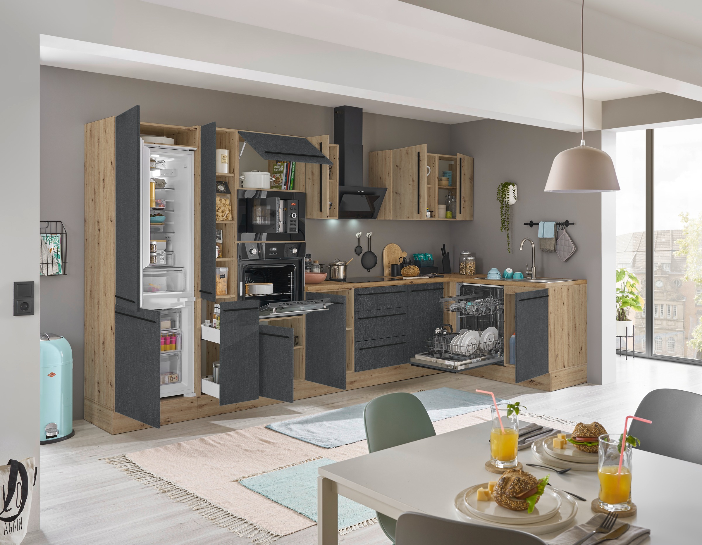 KOCHSTATION Winkelküche »Florida, Stellbreite 370x175 cm«, wahlweise mit E-Geräten, mit Softclose für Türen und Schubkästen