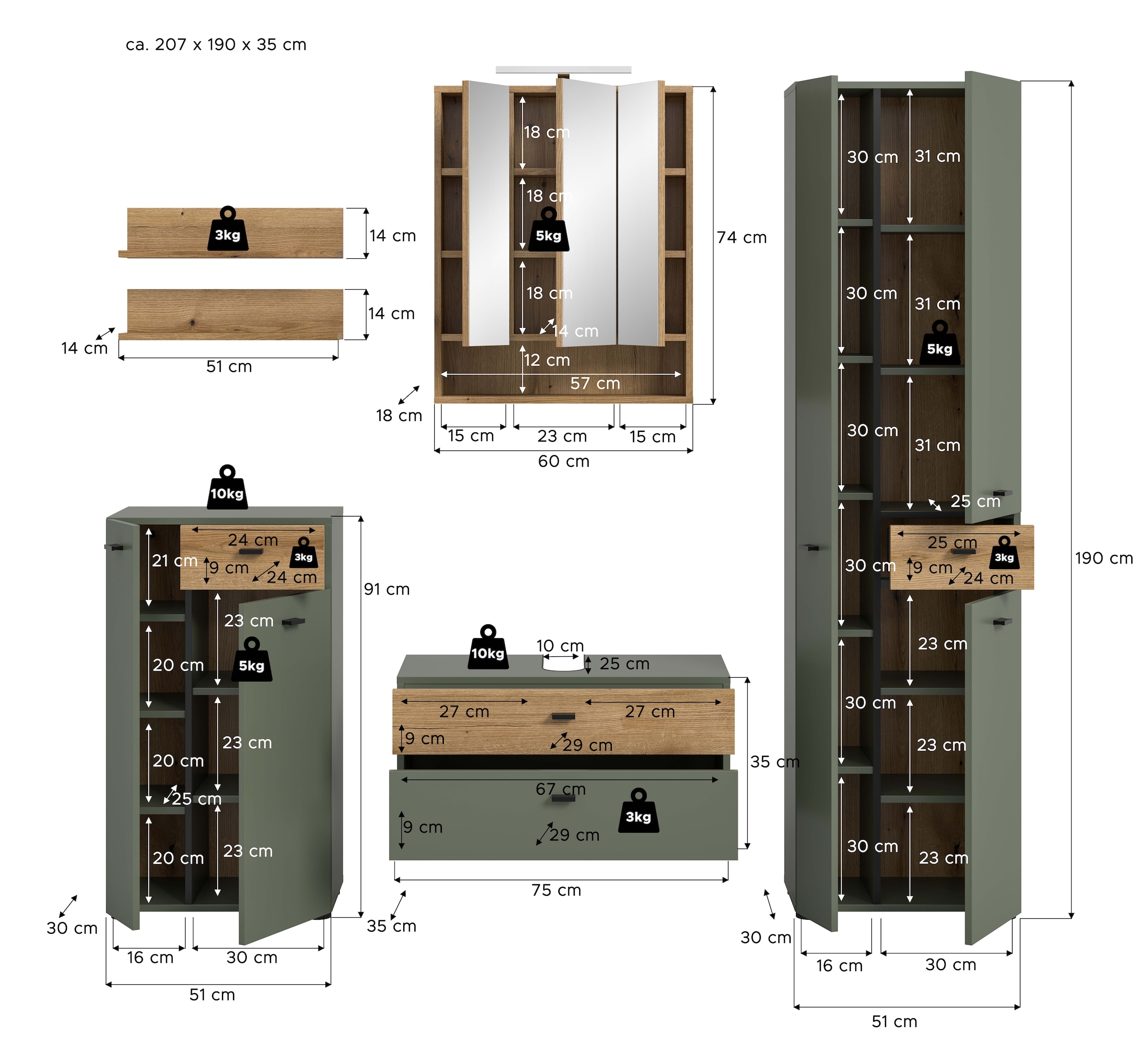 welltime Badmöbel-Set »VANN, 6-teilige moderne Badkombination, inkl. Beleuchtung« Midischrank, 2er Set Wandregal, WBU, Spiegelschrank, Hochschrank, 6 Stk. tlg.