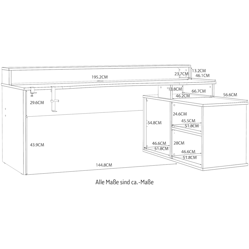 FORTE Gamingtisch »Tezaur«, mit RGB-Beleuchtung und Halterungen, Breite 200 cm, Ecktisch