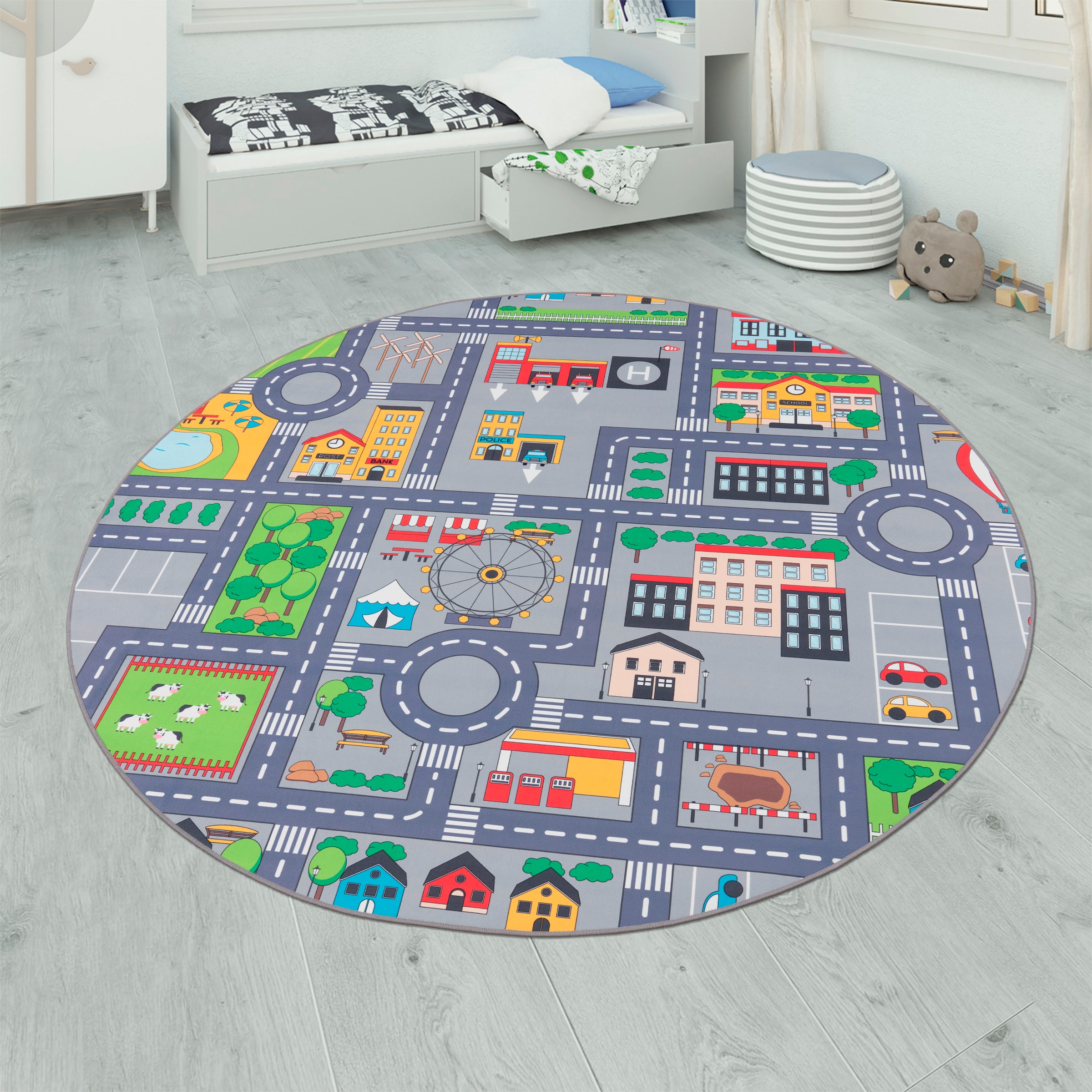 Paco Home Kinderteppich "Bino 576", rund, Kurzflor, Straßen-Spiel-Teppich, Kinderzimmer