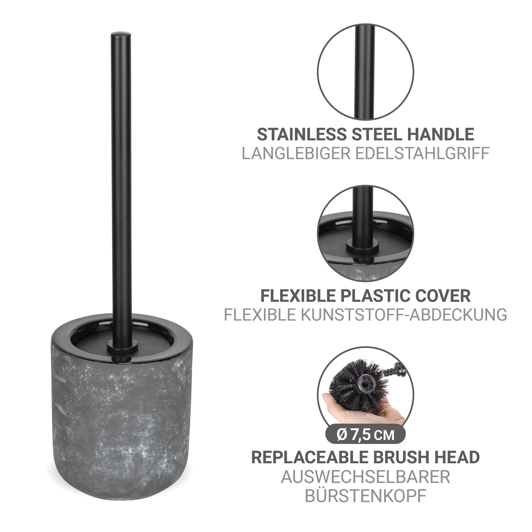 WENKO WC-Garnitur »Sacile« aus Edelstahl | Keramik | Kunststoff Keramik in Beton-Optik, Toilettenbürste mit Kunststoffabdeckung
