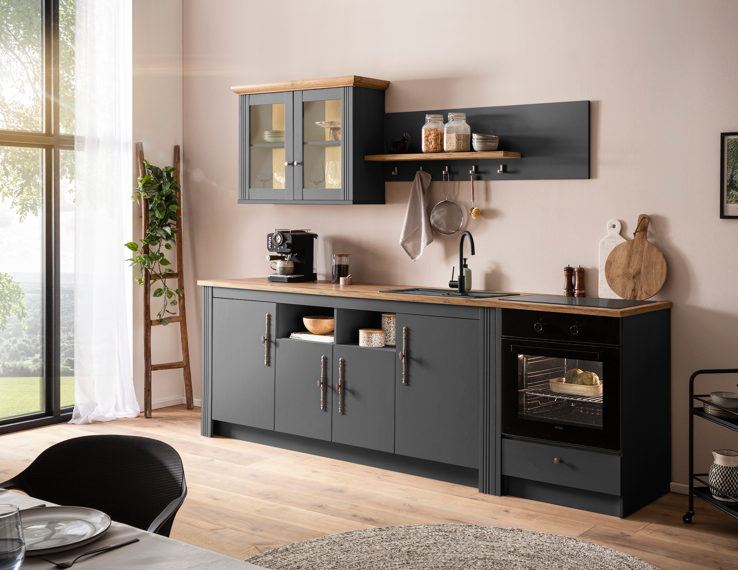KOCHSTATION Küchenzeile »KS-Westminster, Pantryküche im Landhaus Stil, hochwertige Metallgriffe«, (Set), Breite 268 cm, Sideboard, Wandpaneel, Hängeschrank und Herdumbau