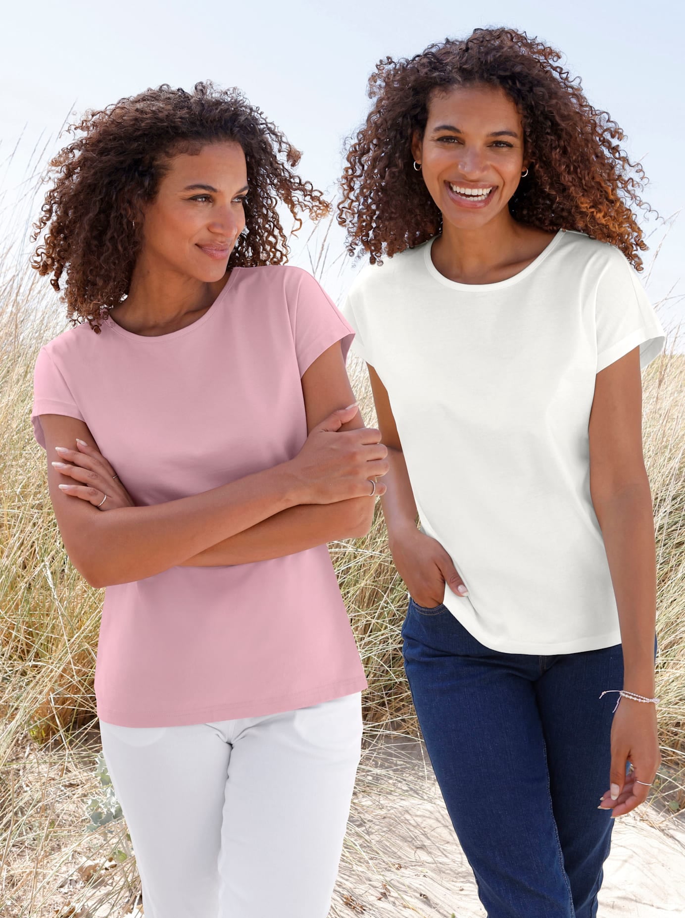 Rundhalsshirt CASUAL LOOKS "2er-Pack Shirts", Damen, Gr. 36, rosé, ecru, 100% Baumwolle, unifarben, Rundhals, Shirts Rundhalsshirt