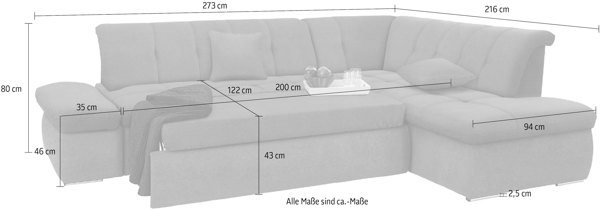 DOMO collection Ecksofa »NMoric incl. Zierkissen B/T/H: 273/216/80 cm L-Form«, Ottomanen-Abschluss, wahlweise mit Bettfunktion und Armlehnverstellung