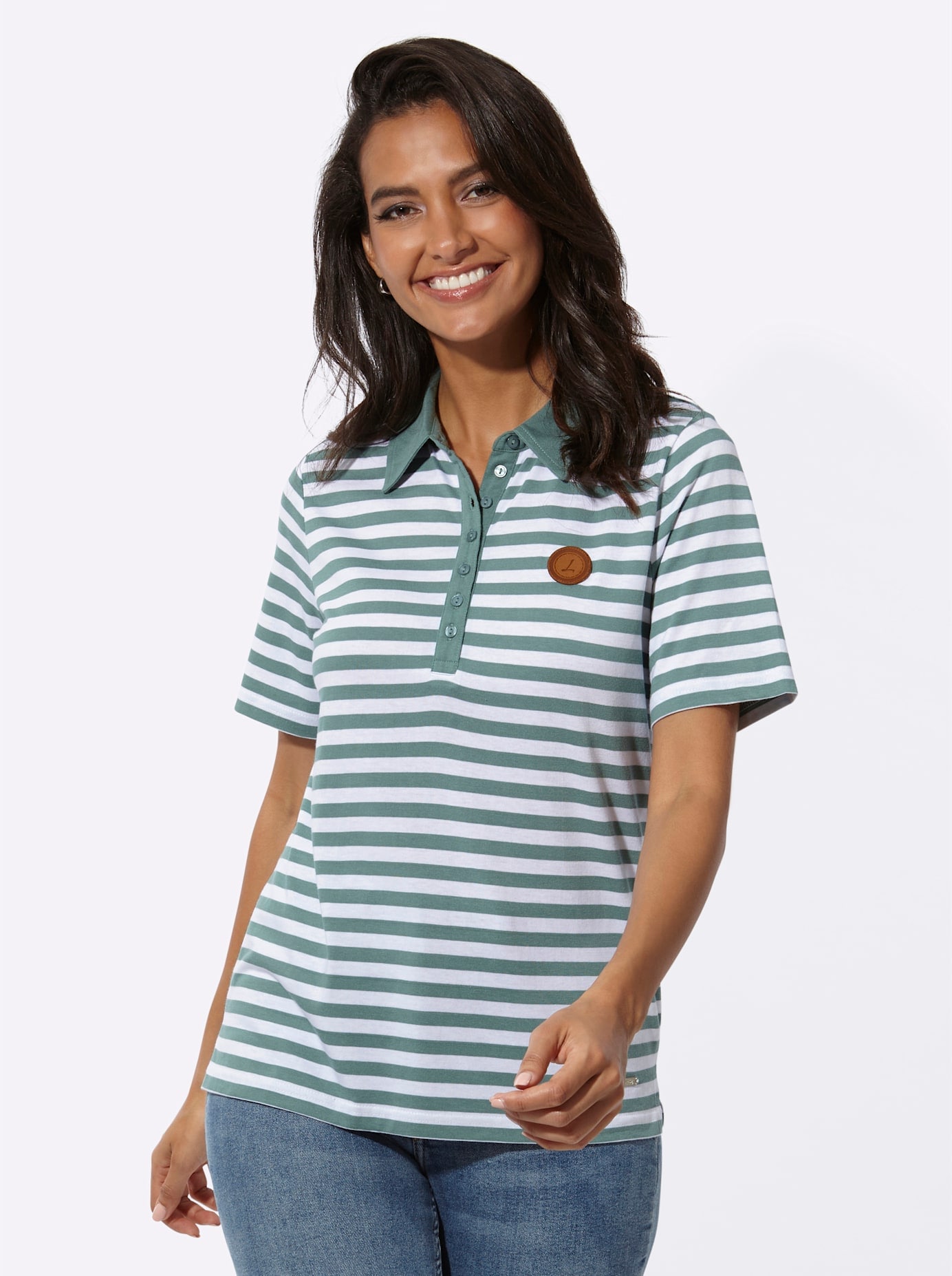 Poloshirt CASUAL LOOKS "Poloshirt", Damen, Gr. 48, grün (jade, weiß, geringelt), 50% Baumwolle, 50% Modal, gemustert, gestreift, mehrfarbig, Shirts
