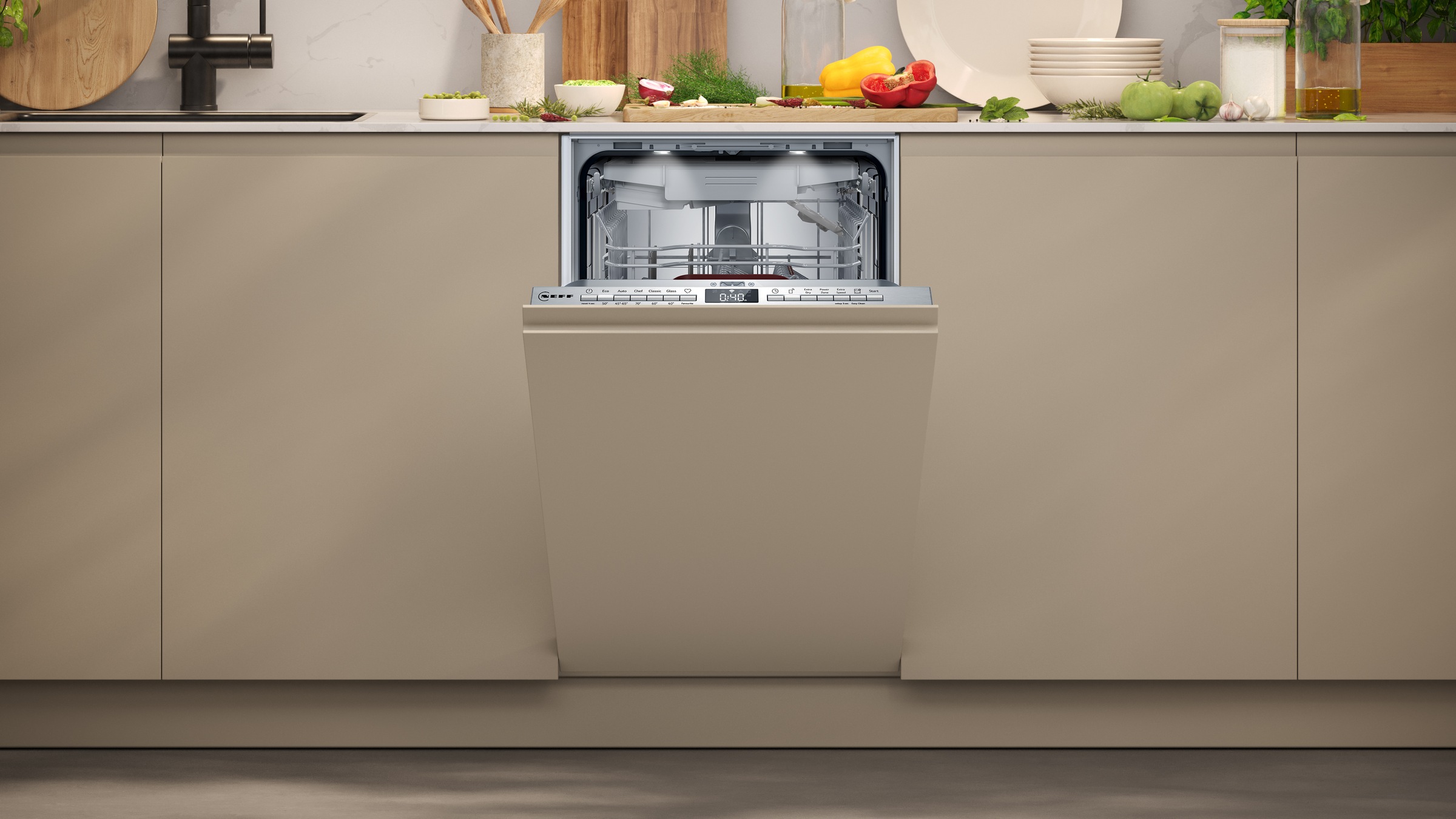 NEFF vollintegrierbarer Geschirrspüler N 50 "S855EMX34E" 10 tlg. Maßgedecke Automatische Türöffnung für Effizienz, flexible Körbe & Schubladen