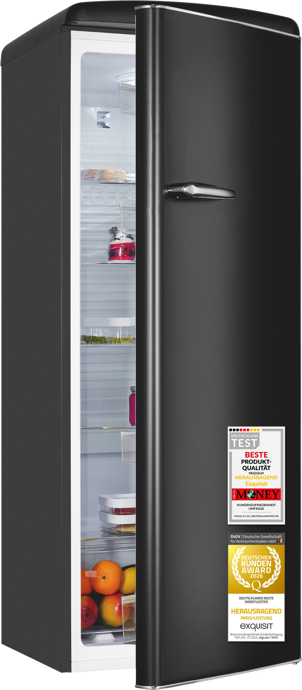 exquisit Kühlschrank "RKS325-V-H-160C mattschwarz" 146,5 cm hoch 54,5 cm breit LED-Beleuchtung, verstellbare Glasböden, Retro-Design