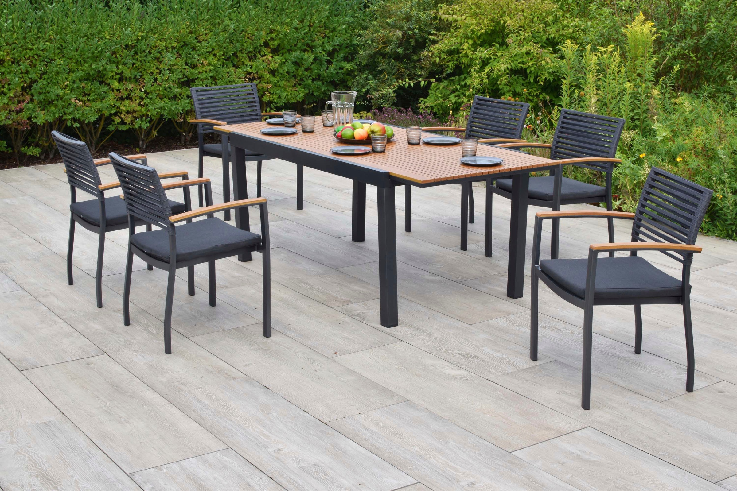 MERXX Garten-Essgruppe »Parella« Set, 13 tlg. inkl. 6 Stapelsessel, 6 Auflagen, 1 Ausziehtisch