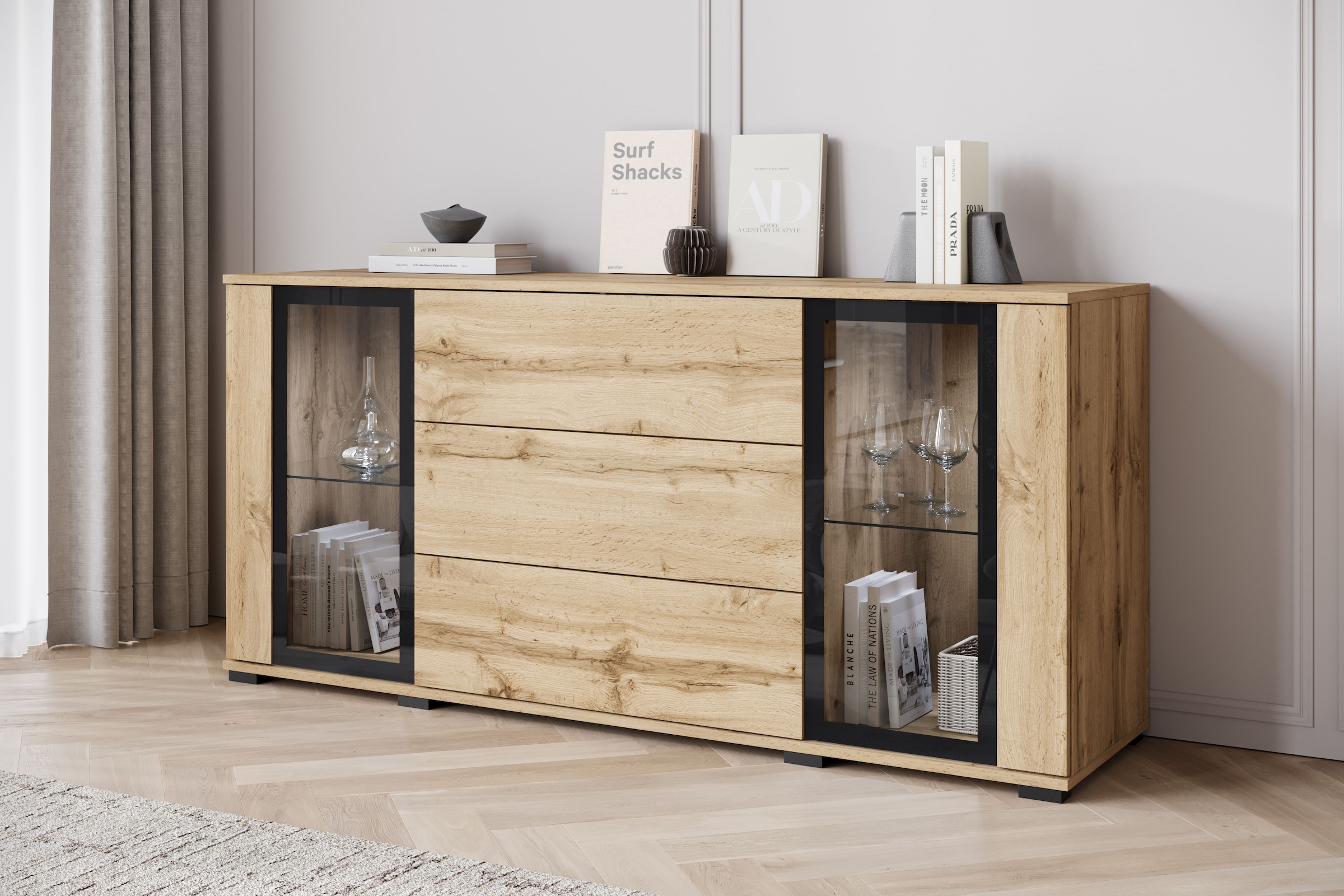INOSIGN Sideboard »modernes Design mit Glaseinsätzen und 3 Schubladen, Breite 150 cm«, (1 St.), Grifflose Fronten mit Push-to-Open, höhenverstellbare Einlegeböden