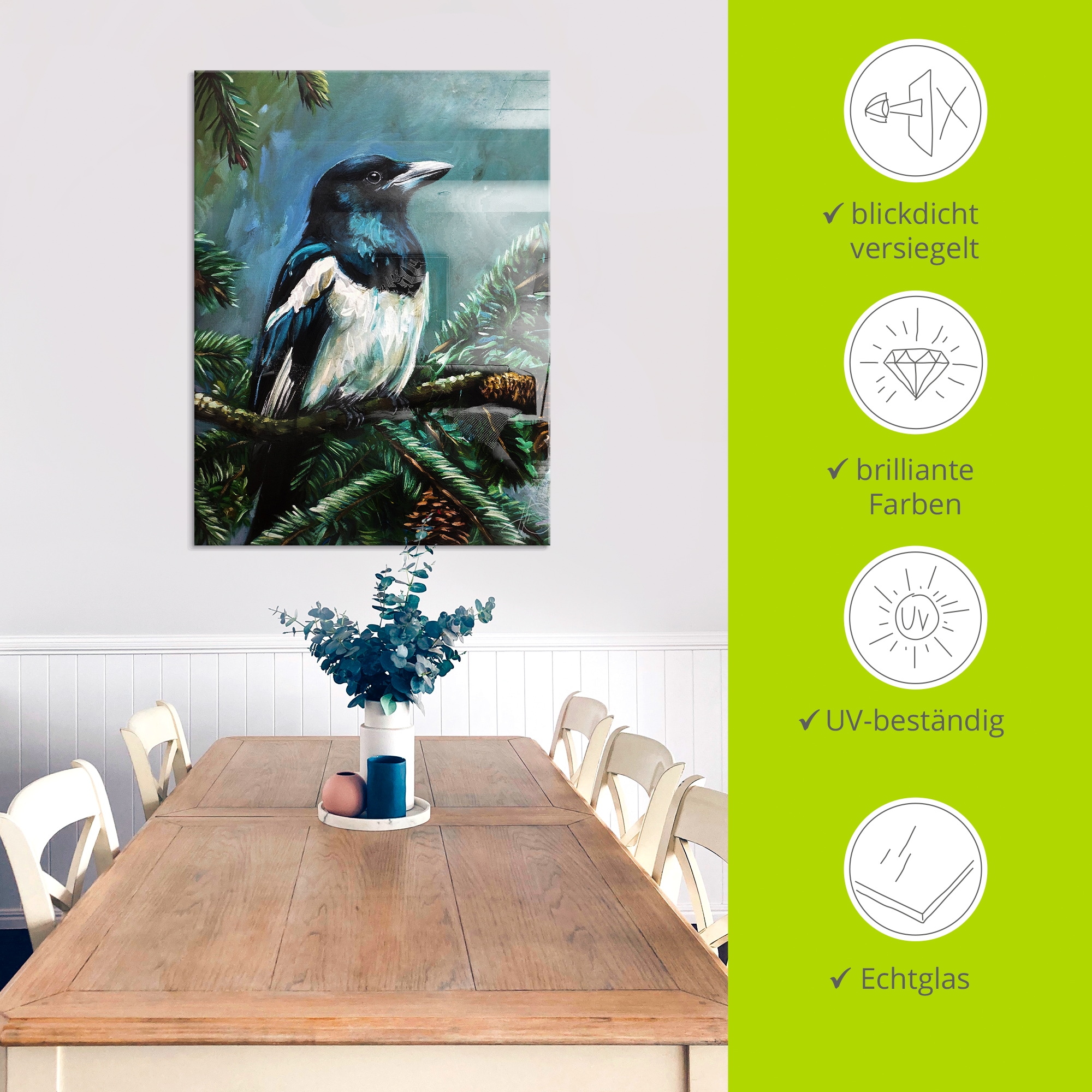 Artland Glasbild »Die Elster im Tann« Vogelbilder 1 Stk. tlg. in verschiedenen Größen