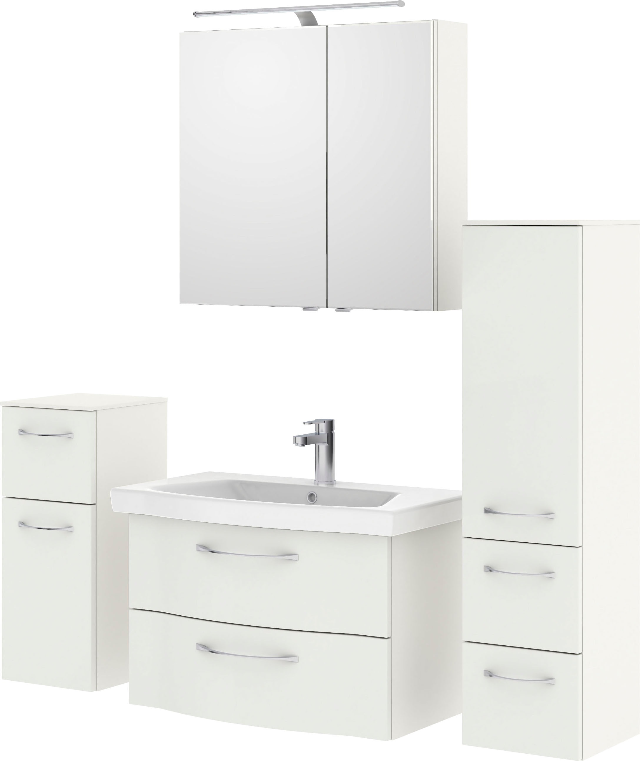Saphir Badmöbel-Set »6005 Sprint 4-teilig, Keramik-Waschtisch mit LED-Spiegelschrank«, (5 St.), Unterschrank, Midischrank, inkl. Türdämpfer, 4 Türen, 5 Schubladen