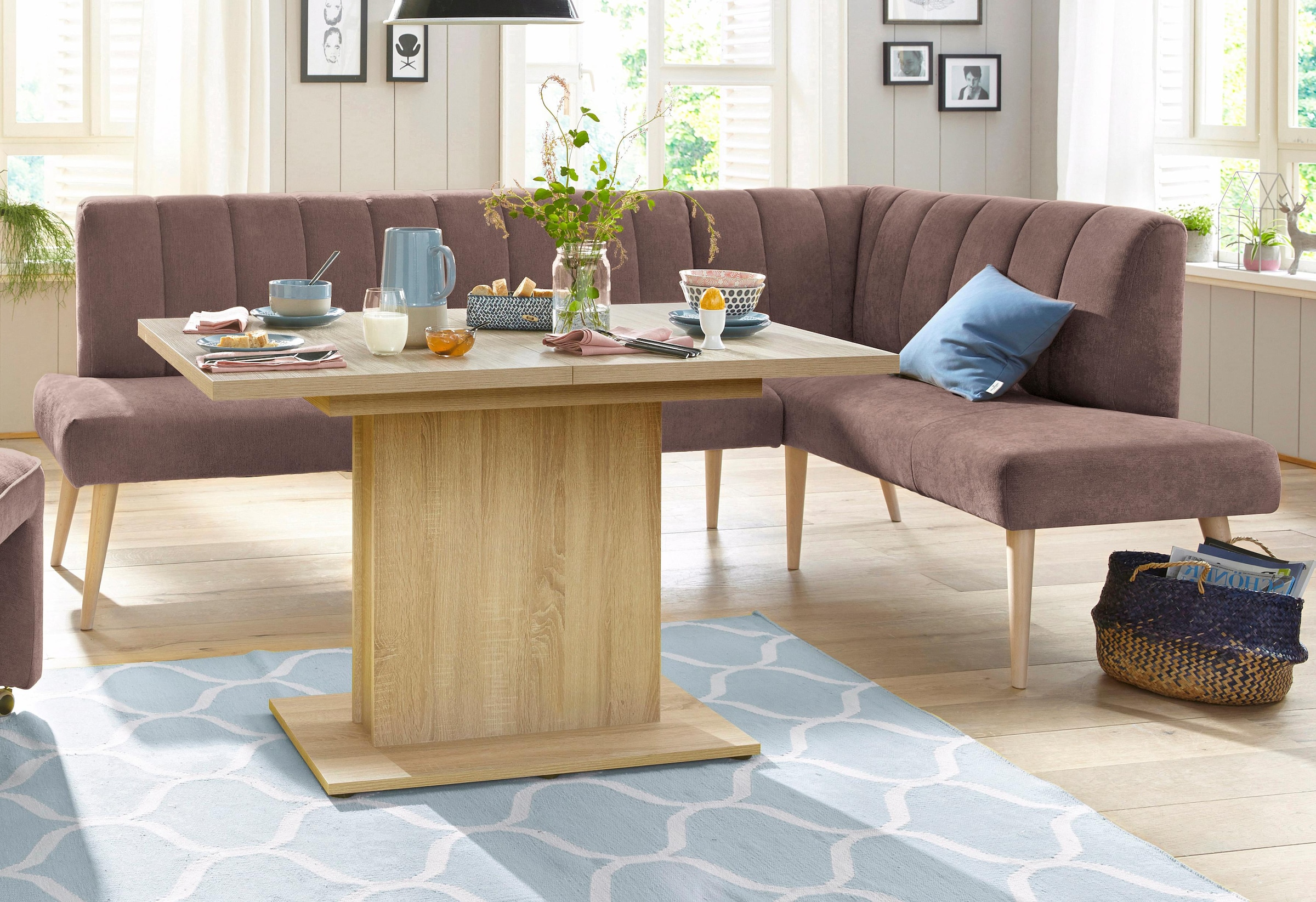 exxpo - sofa fashion Eckbank »Costa, moderne Rückensteppung, bequem und elegant, hoher Holzfuß«, hochwertig verarbeitet, Frei im Raum stellbar