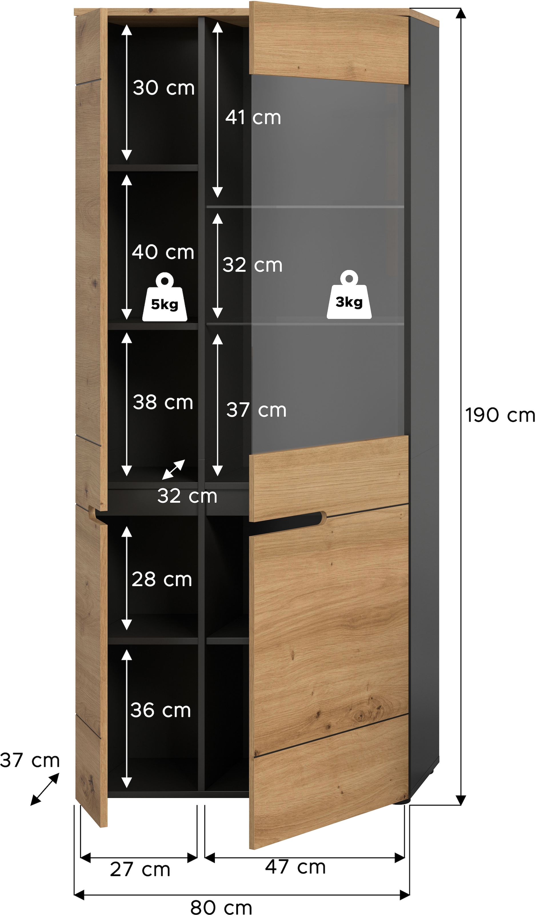 INOSIGN Vitrine »REHAT, TOPSELLER!, Höhe 190 cm, 2 Türen, 4 Einlegeböden, 2 Glasböden«, (1 St.), Vitrinenschrank, Schrank, Glasvitrine, Wohnzimmervitrine
