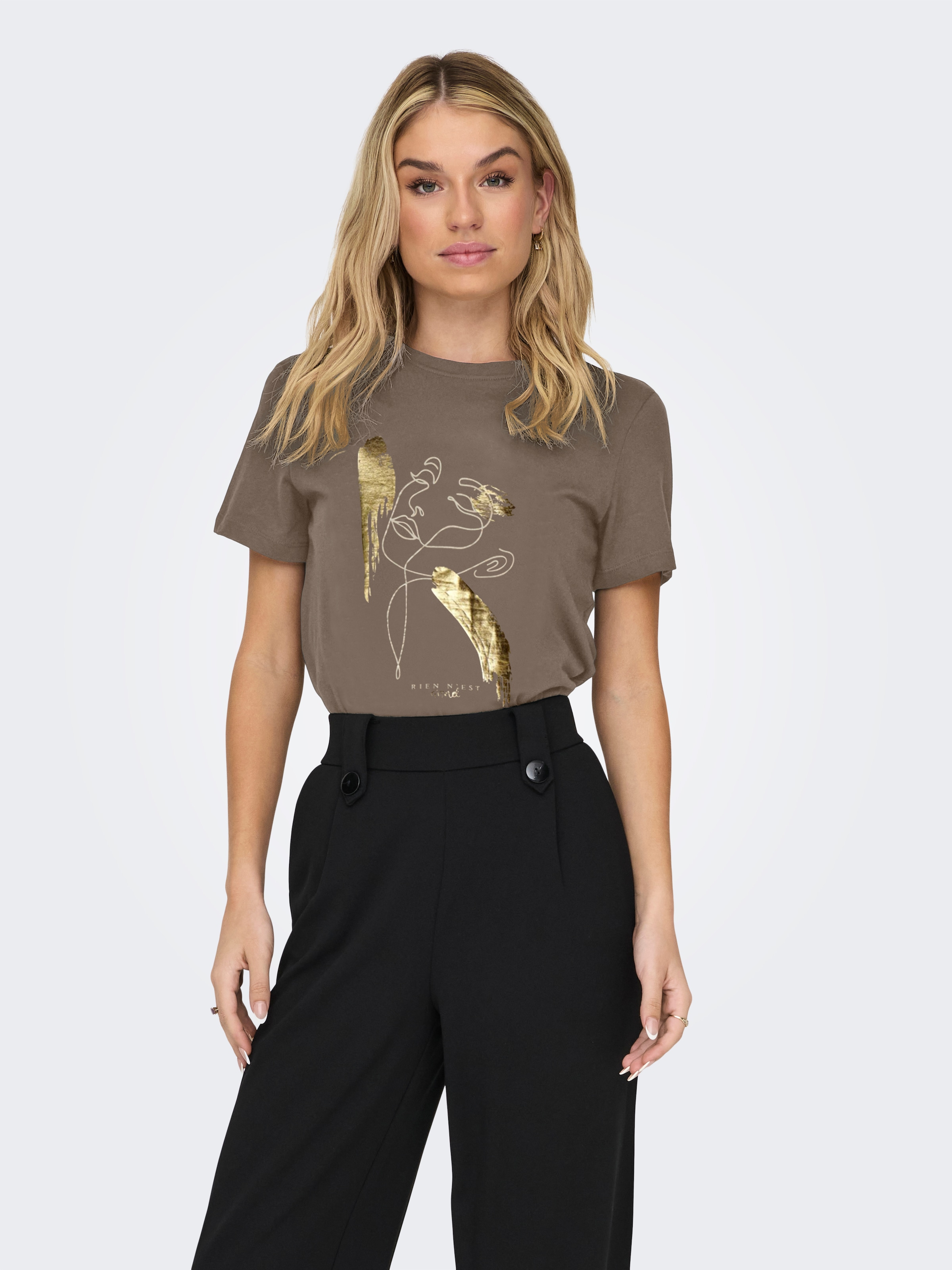 Kurzarmshirt ONLY "ONLKITA LIFE REG S/S MIX TOP CS JR", Damen, Gr. L, walnut print:eternal, Jersey, Obermaterial: 100% Baumwolle, bedruckt, normal, Rundhals, Shirts