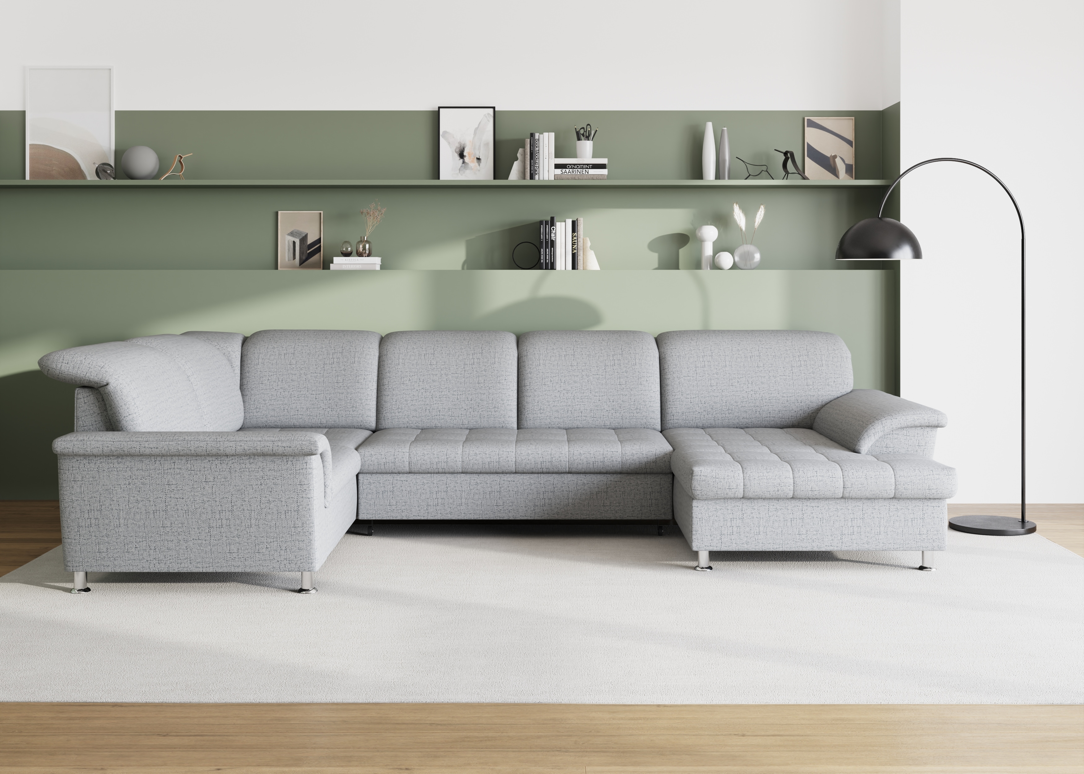 DOMO collection Wohnlandschaft "FRANZI optional mit Bettfunktion, Bettkasten & Kopfteilverstellung" U-Form, Recamiere rechts, silber, B/T: 352/214 cm