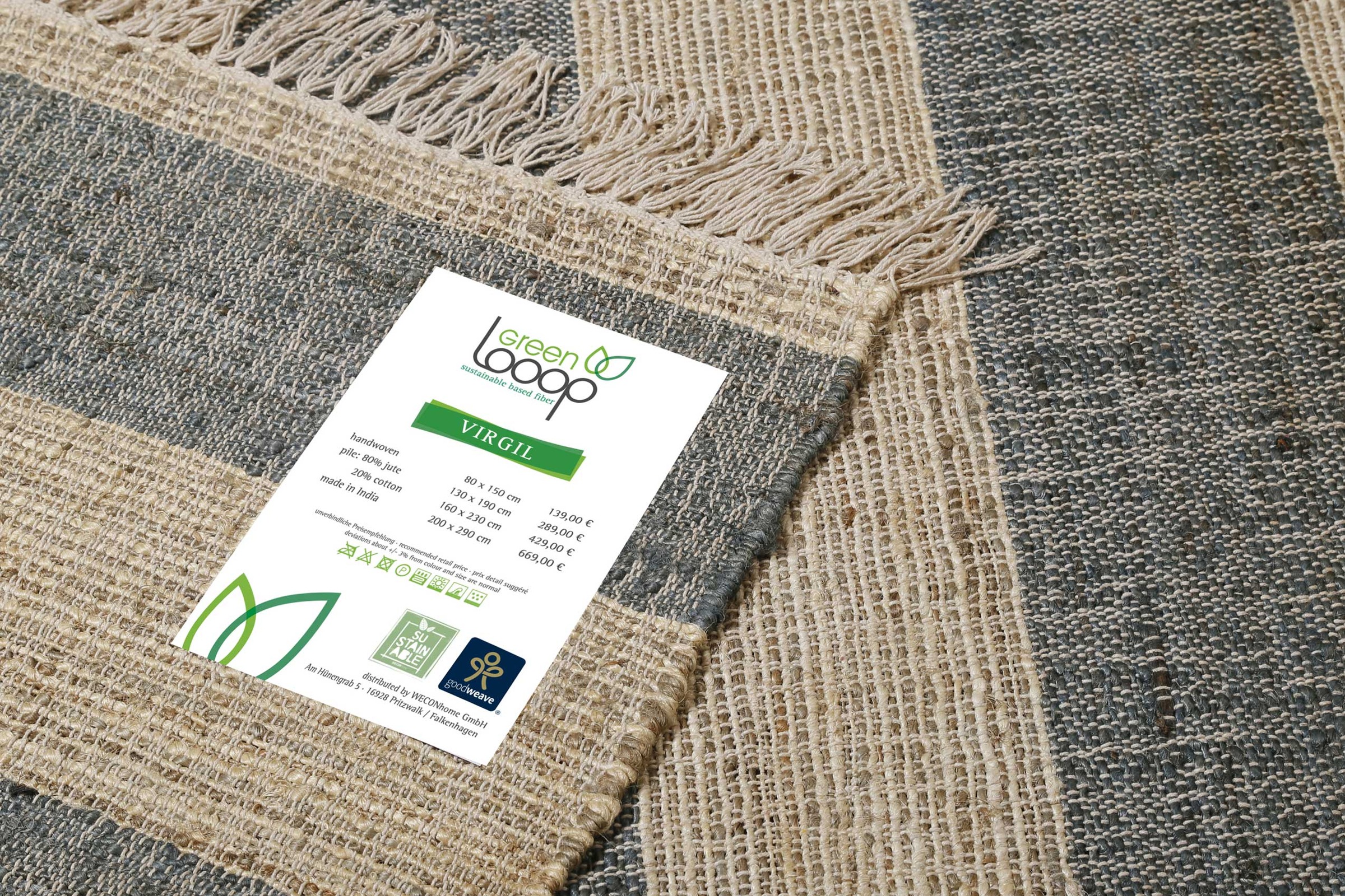 Green Looop Teppich »Virgil«, rechteckig, 4 mm Höhe, Jute handgewebt, Natur, Wohnzimmer, Schlafzimmer, modern, gestreift