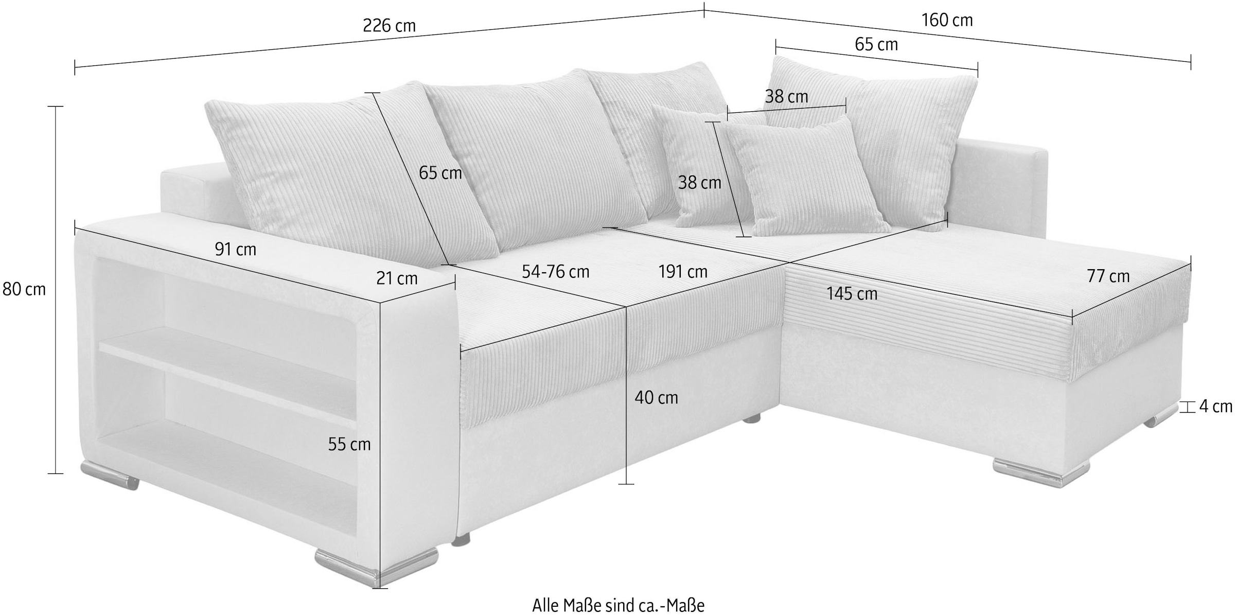 COLLECTION AB Ecksofa »John L-Form, B: 226 cm, Schlaffunktion & Bettkasten« Regalelement mit Licht, Couch mit Federkern, 2 Zierkissen